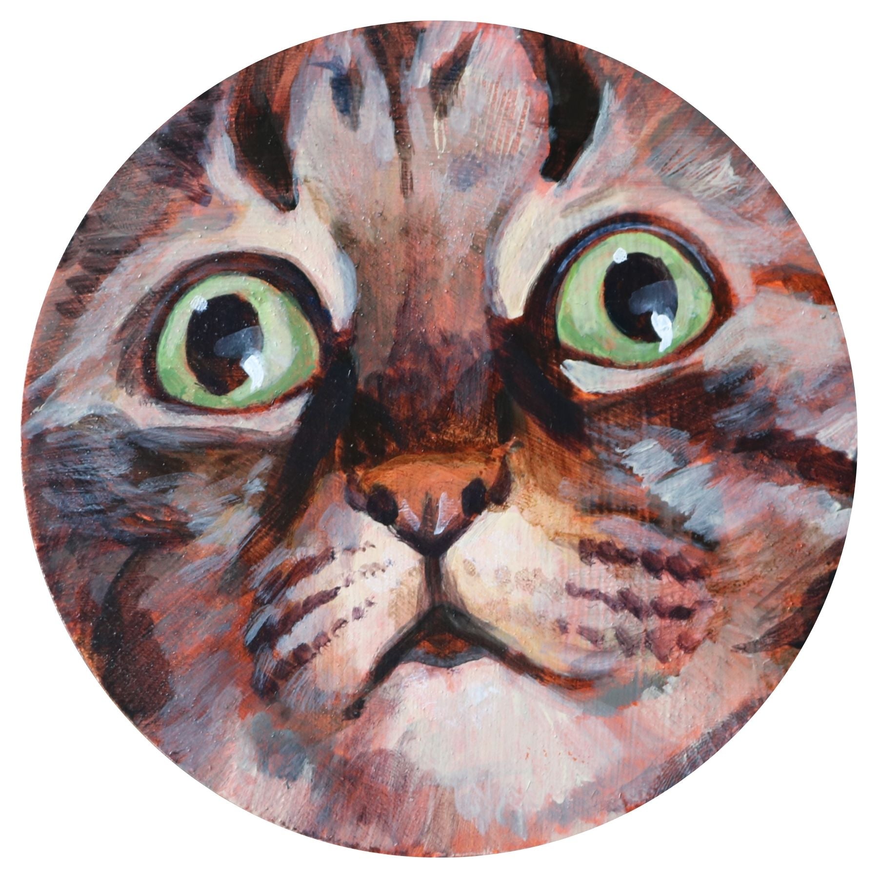 A round painting of a cat's face, cropped in closely so her fur fills the panel. Her eyes are wide and alert. Acrylic gouache on wood panel, painted by artist Jackie Hanson.