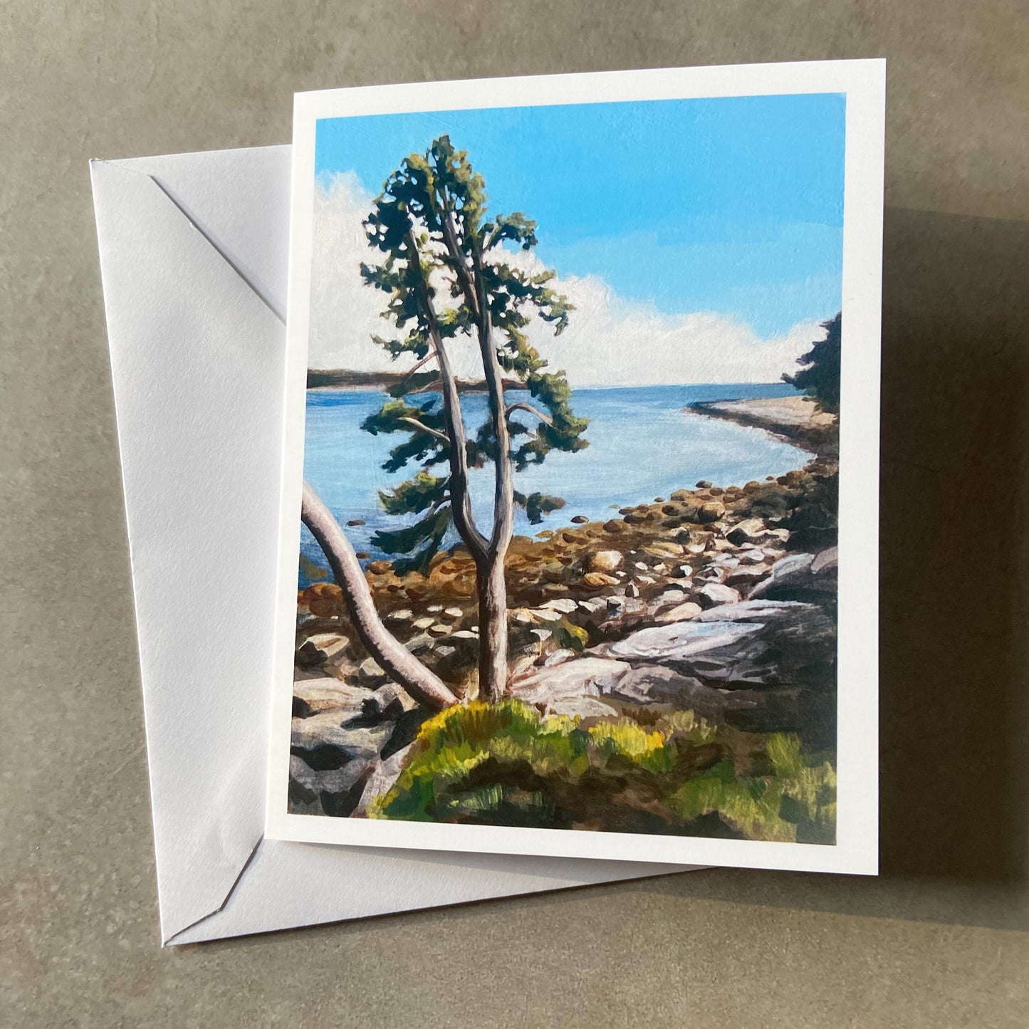A folded white greeting card and envelope on a grey surface. Depicted on the card is a rocky shoreline on a sunny day, with a pine tree at left in the foreground.