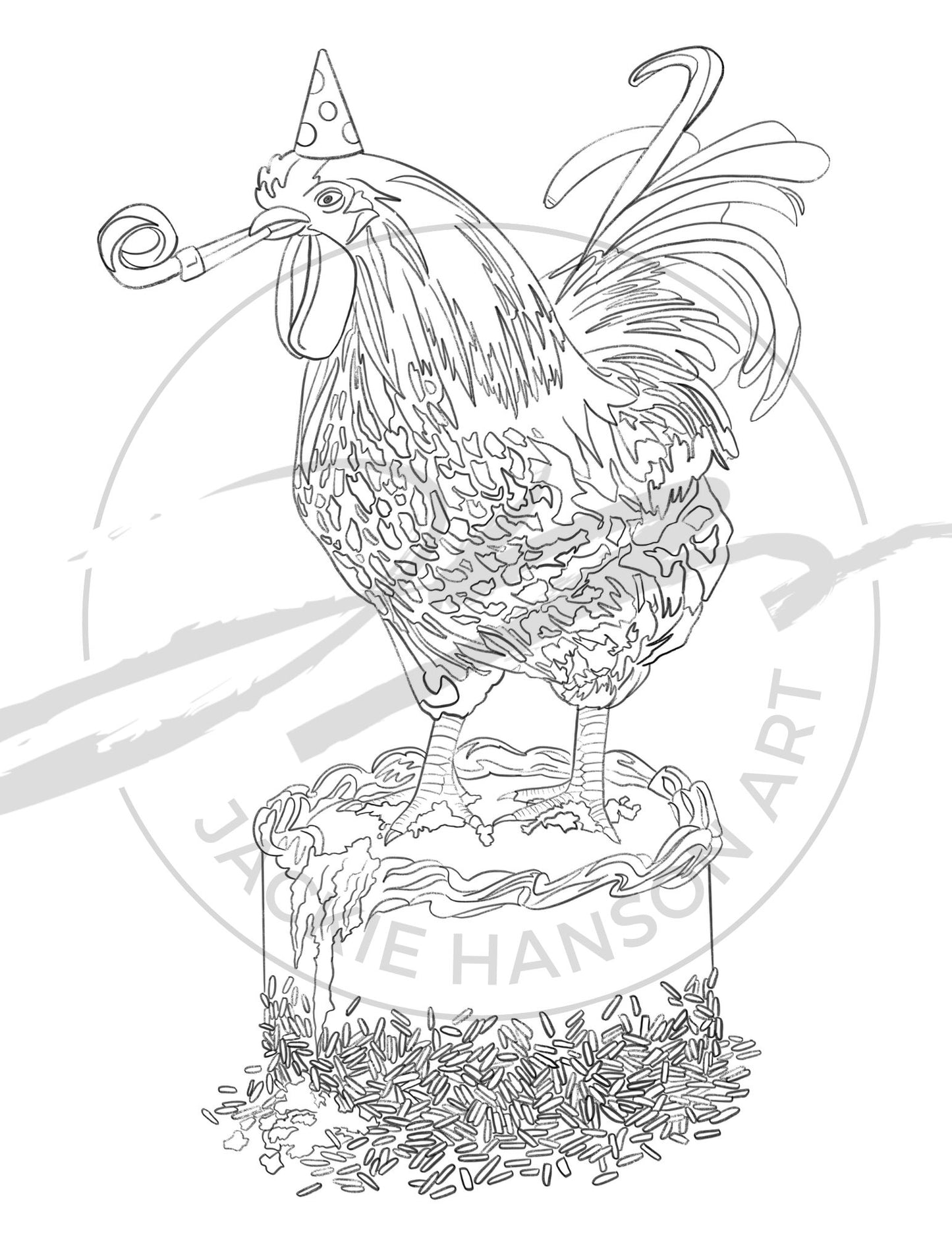 A coloring page of a rooster standing on a cake, wearing a pointed party hat and a noisemaker in his beak. The image is watermarked with the logo of Jackie Hanson Art.