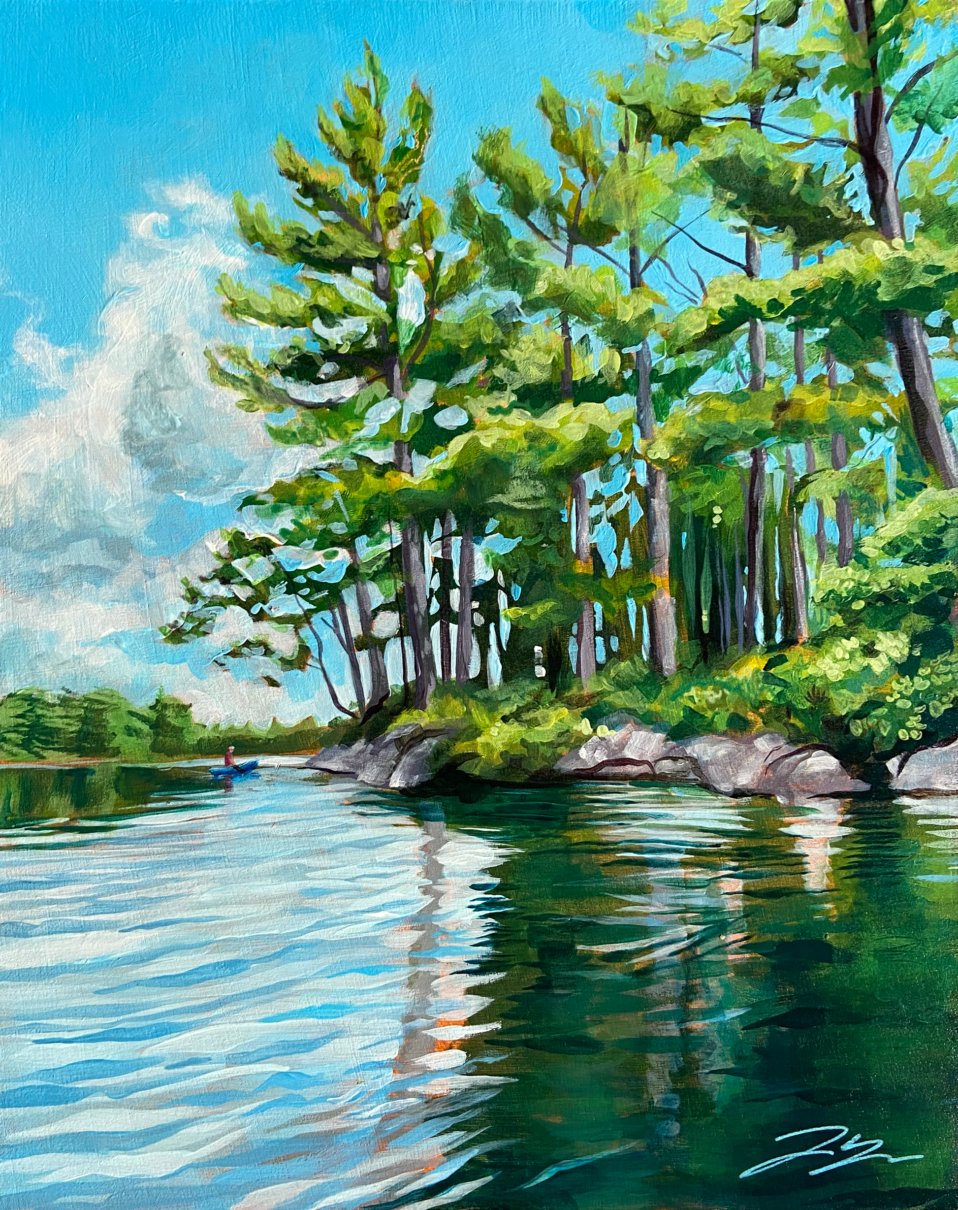 A painterly, realistic piece of artwork depicting the surface of a lake, leading up to land with trees and a bright blue sky. The water is reflective and calm. A kayaker paddles in the distance, giving the painting its title.
