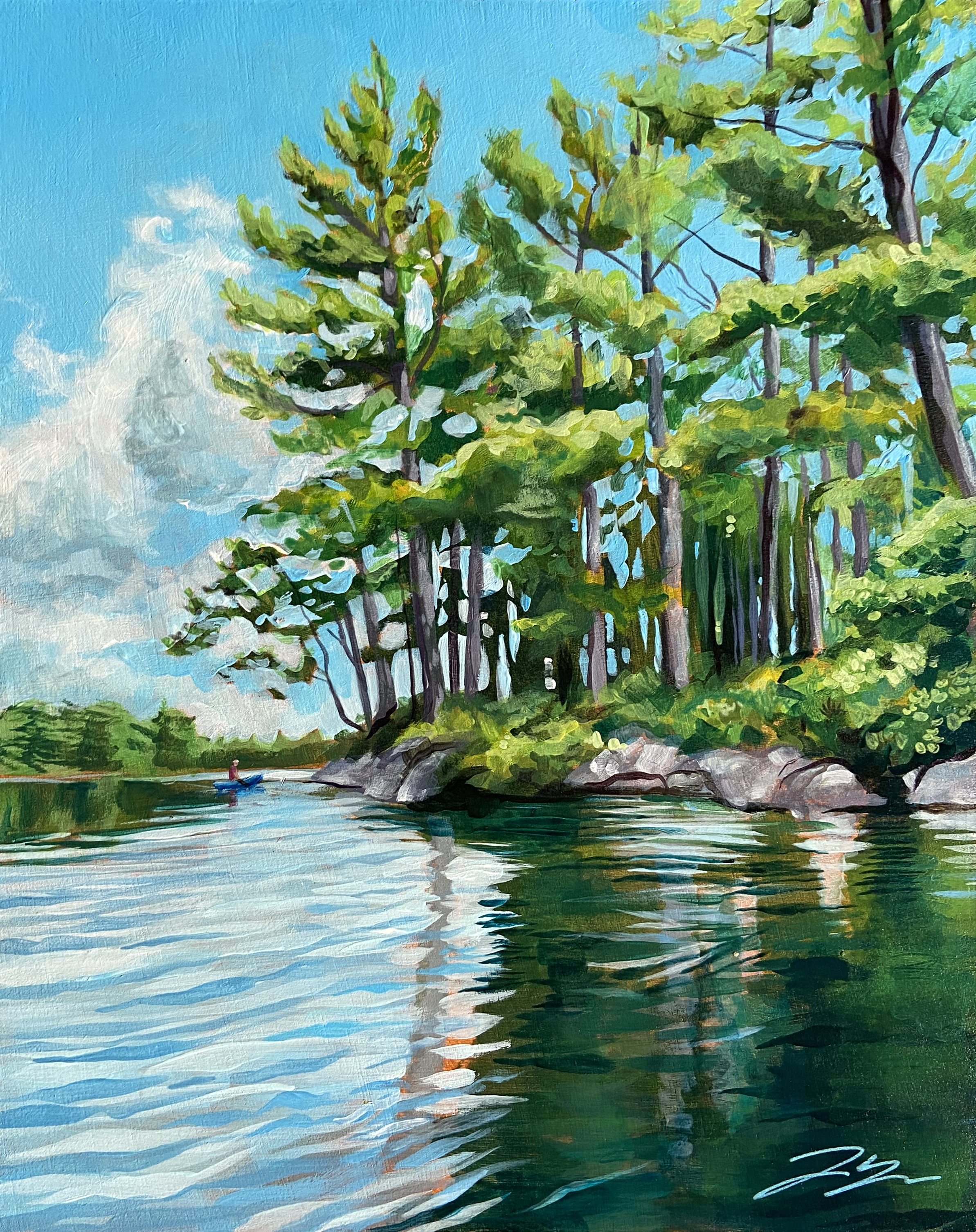 A painterly, realistic piece of artwork depicting the surface of a lake, leading up to land with trees and a bright blue sky. The water is reflective and calm. A kayaker paddles in the distance, giving the painting its title.