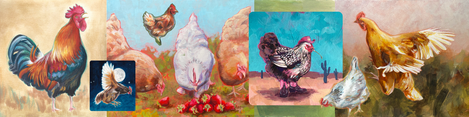A long, digitally-collaged collection of several of my chicken paintings.