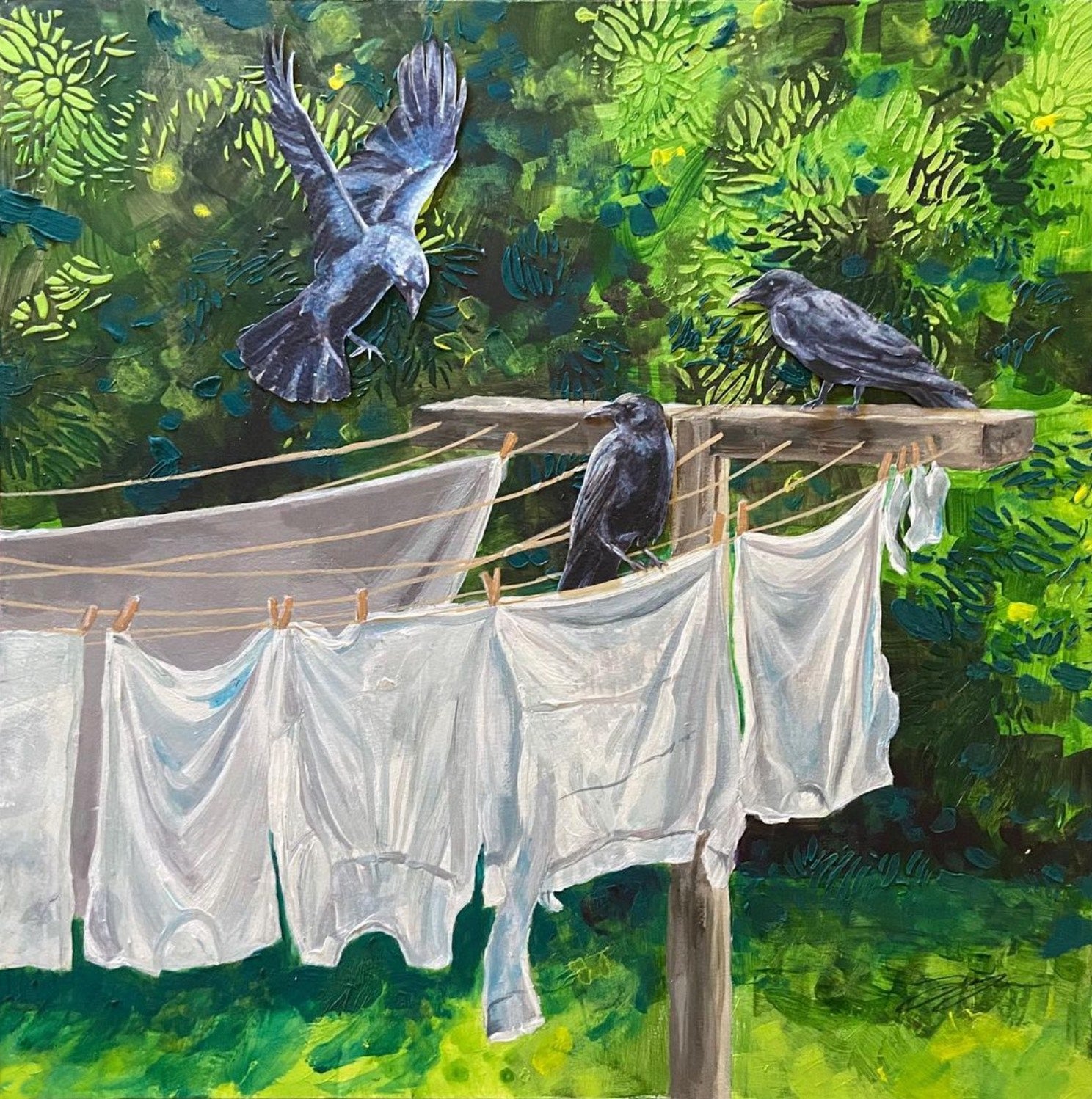 A primarily green mixed media painting showing three crows hanging out on a clothesline, one still in the air landing. The clothesline has all white articles of clothing hanging by wooden clothespines. The background is abstracted and partially patterned green foliage.