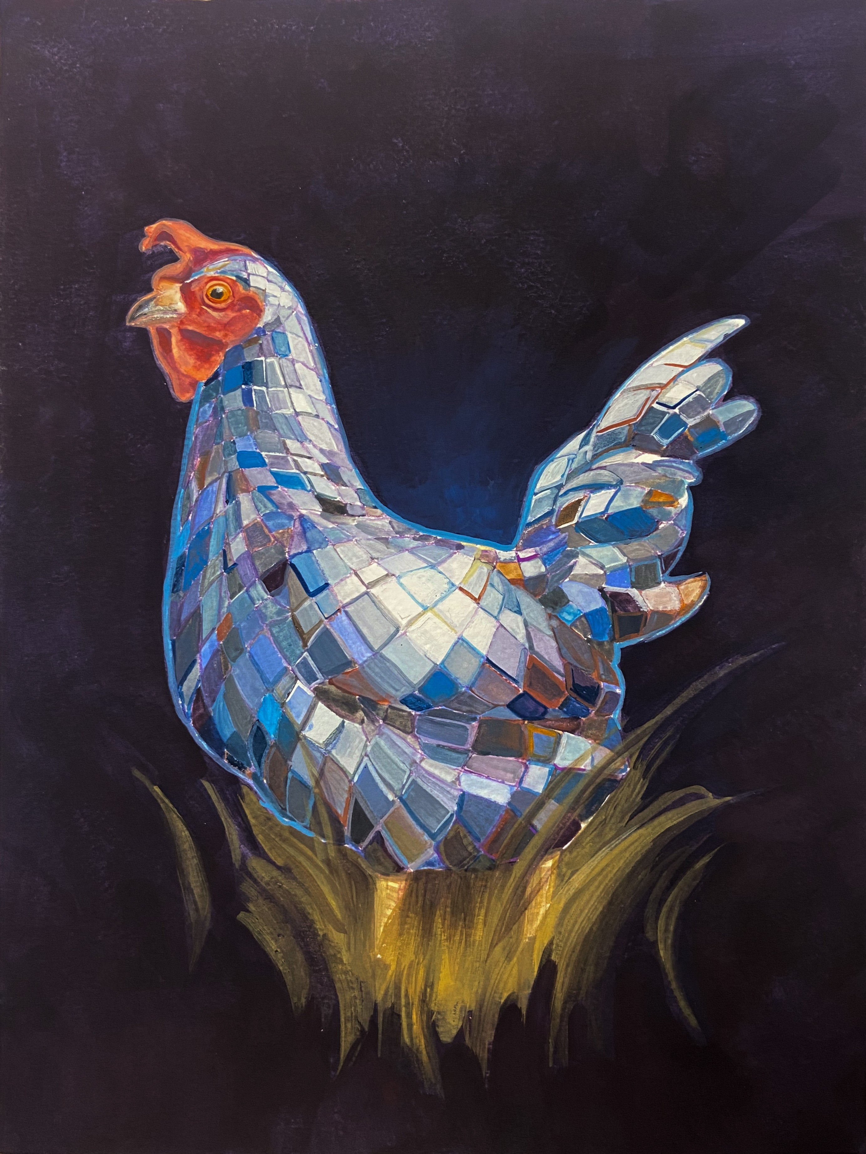 A painting of a chicken covered in mirrors like a disco ball. The chicken is in some gold grass on a dark blue background.