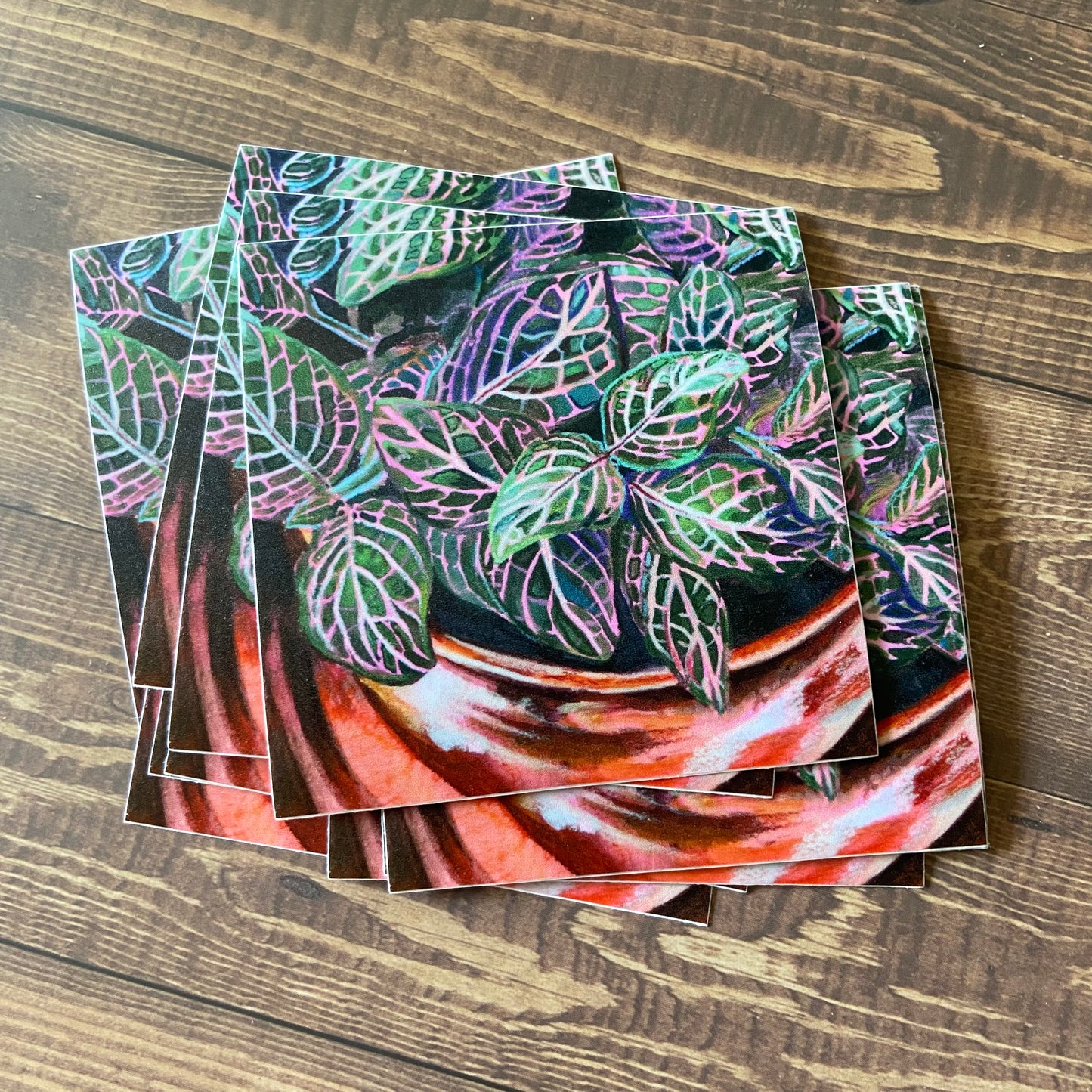 A small pile of square-shaped plant painting stickers on a wooden surface. The decals show a colorful mixed mdia art piece depicting a pink angel nerve plant in an orange pot. Variegated leaves opentoward the viewer, showing off their pink veins.