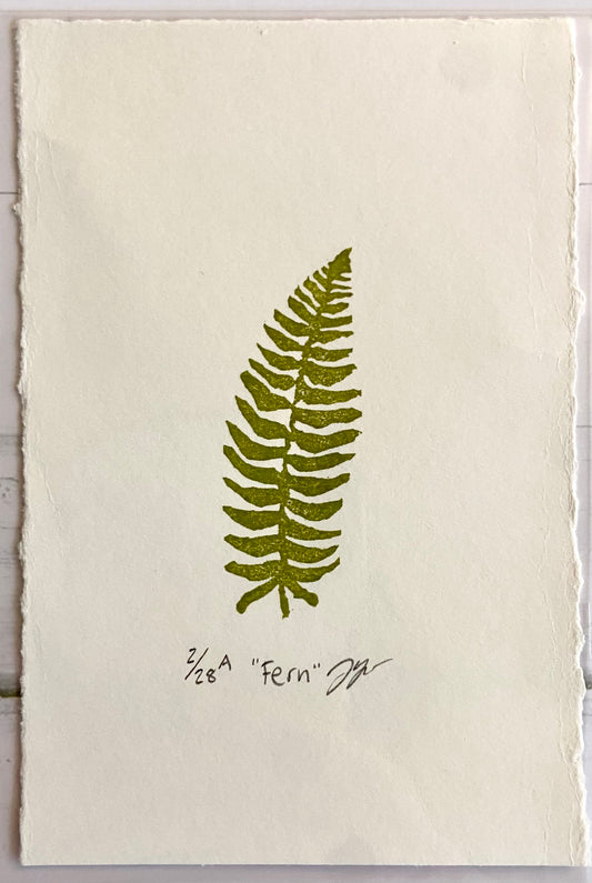 A small olive-green stamped image of a fern plant tilted slightly to the right. Eraser prints are made by carving pink erasers and stamping. The artwork is titled "Fern", signed, and editioned.