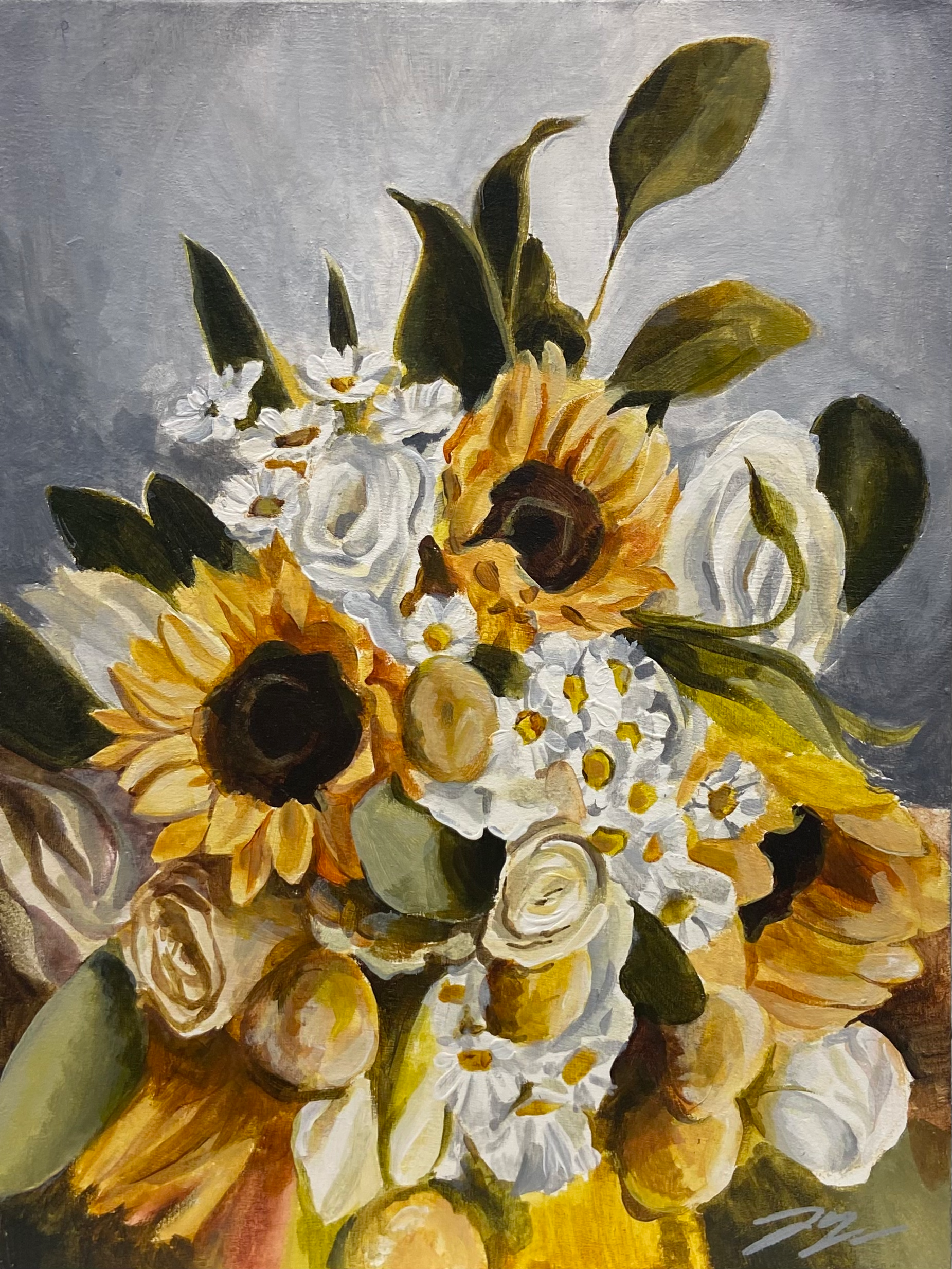 A small acrylic painting of a bouquet with sunflowers, painted in a limited color palette.