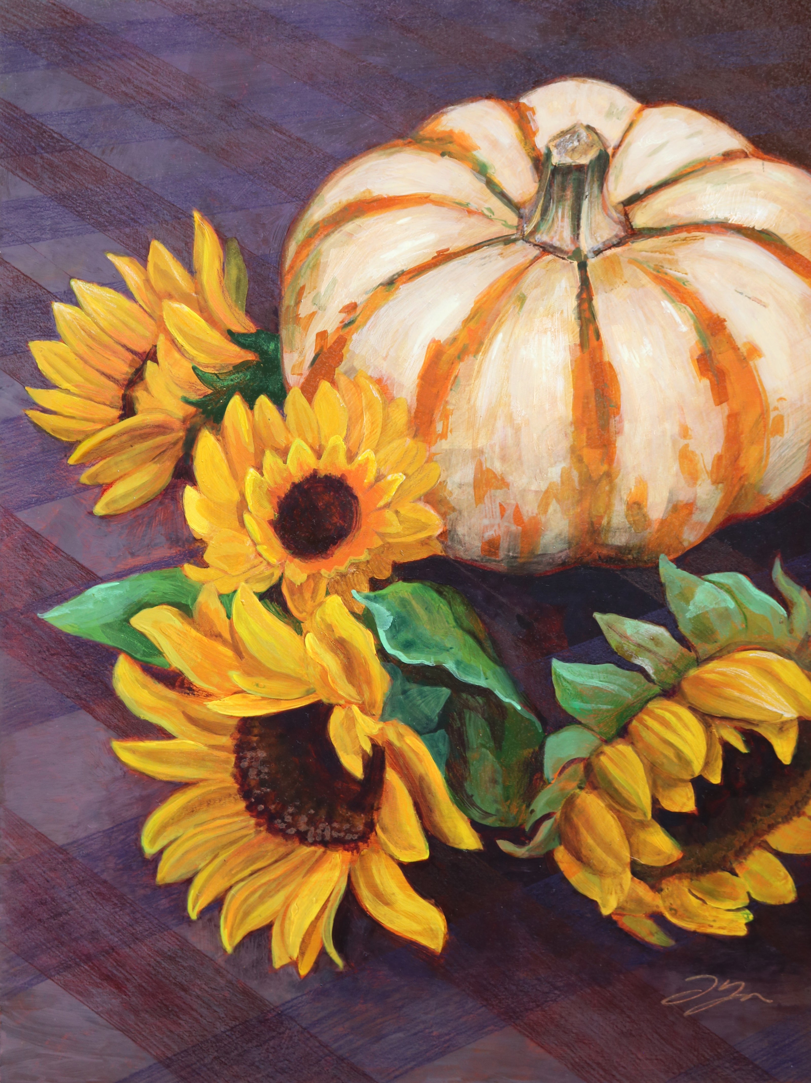 A painting of an orange and white striped pumpkin with four yellow sunflowers around its base. They all rest on a deep purple checkered tablecloth.