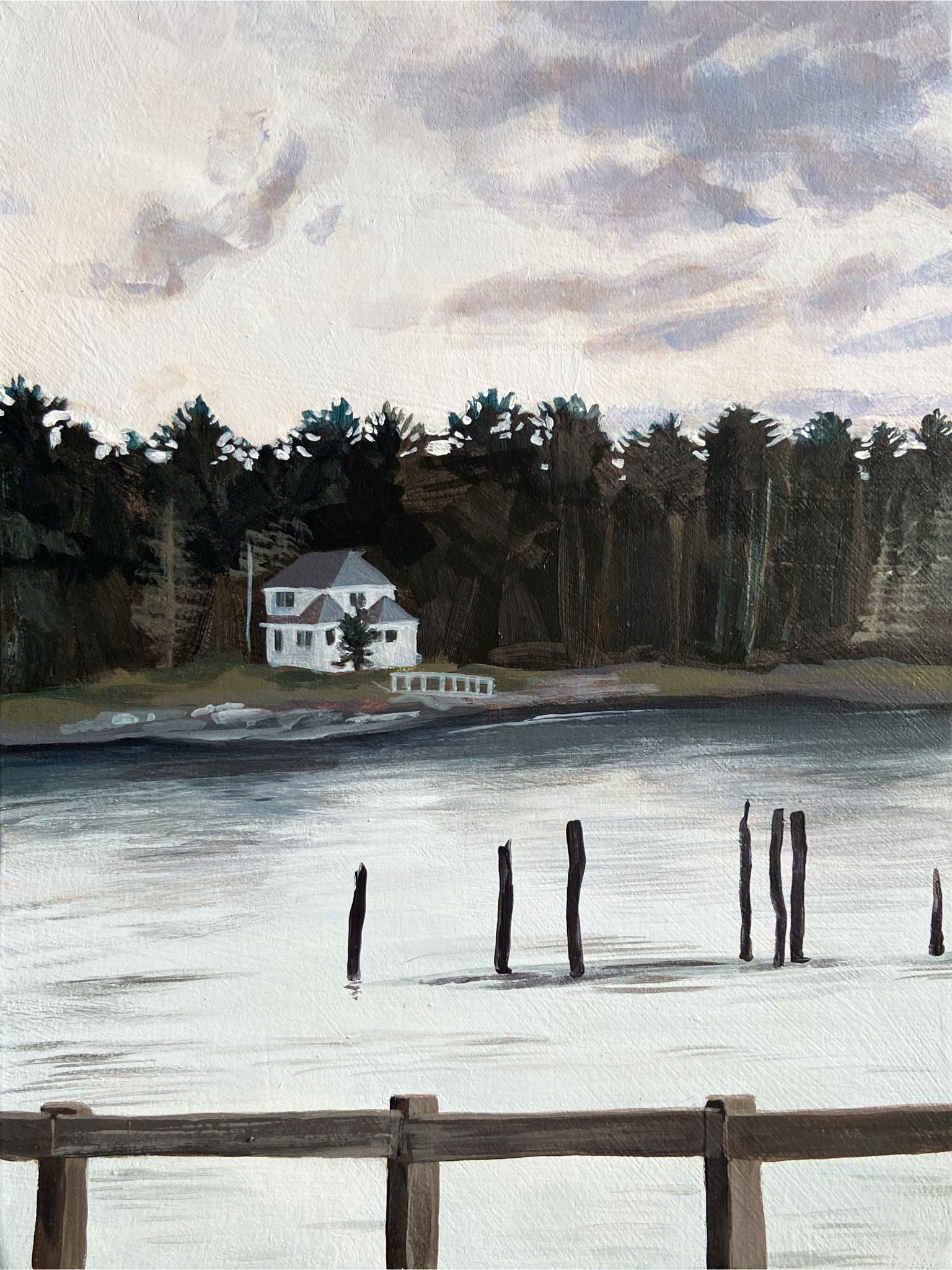 A vertically oriented acrylic landscape painting, showing a white house beside a silvery body of water. The sky is overcast. In the foreground is a wooden fence, and in the water are the remains of an old pier.