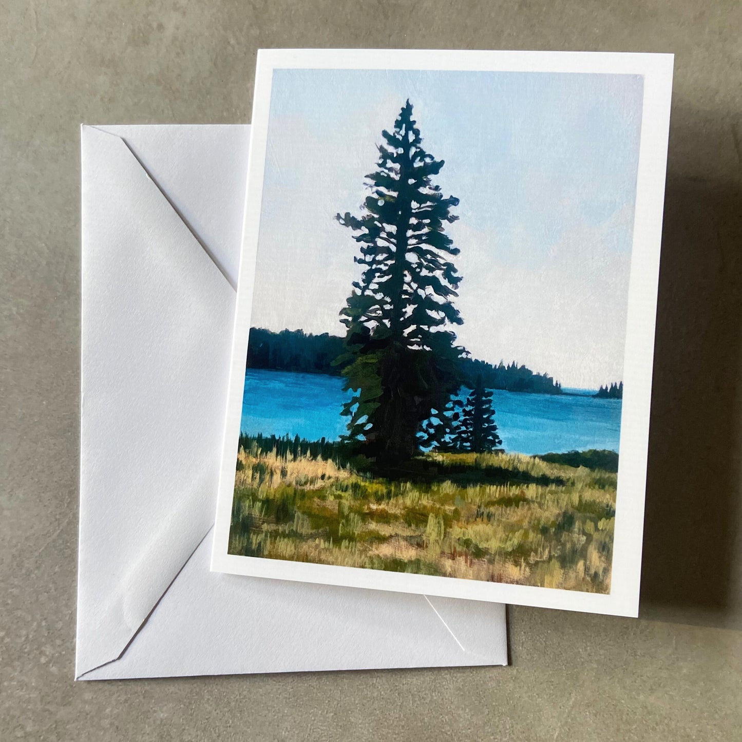 A folded white greeting card and envelope on a grey surface. On the card's front is a tall pine tree growing on a grassy field in front of a bay of water.