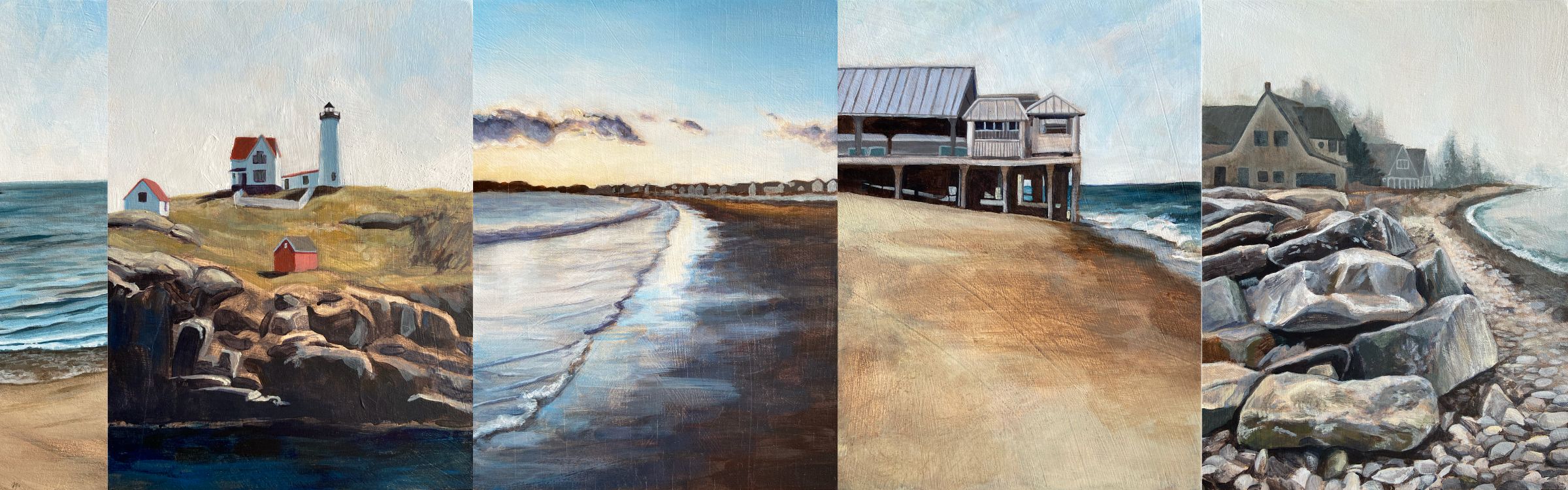 A banner length image of several beachy/coastal landscape paintings lined up next to each other.