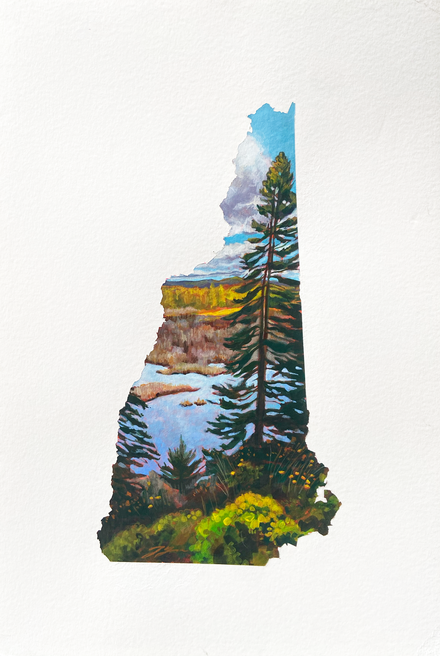 My fourth New Hampshire shaped landscape painting, featuring a tall pine tree in front of a marsh in fall.
