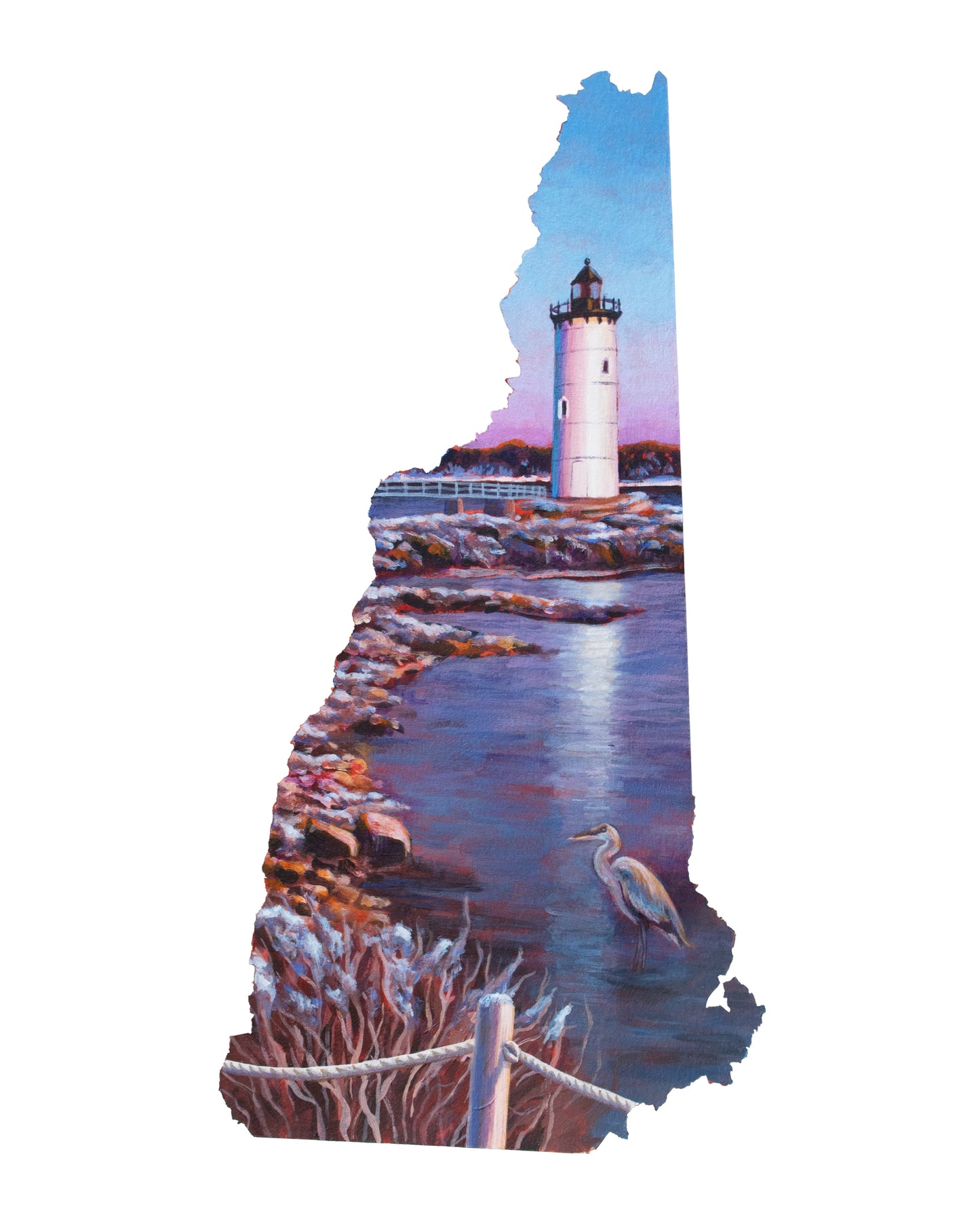 A painting in the shape of New Hampshire's map with white around it, depicting a lighthouse by a rocky beach with a lone heron in interesting warm lighting.