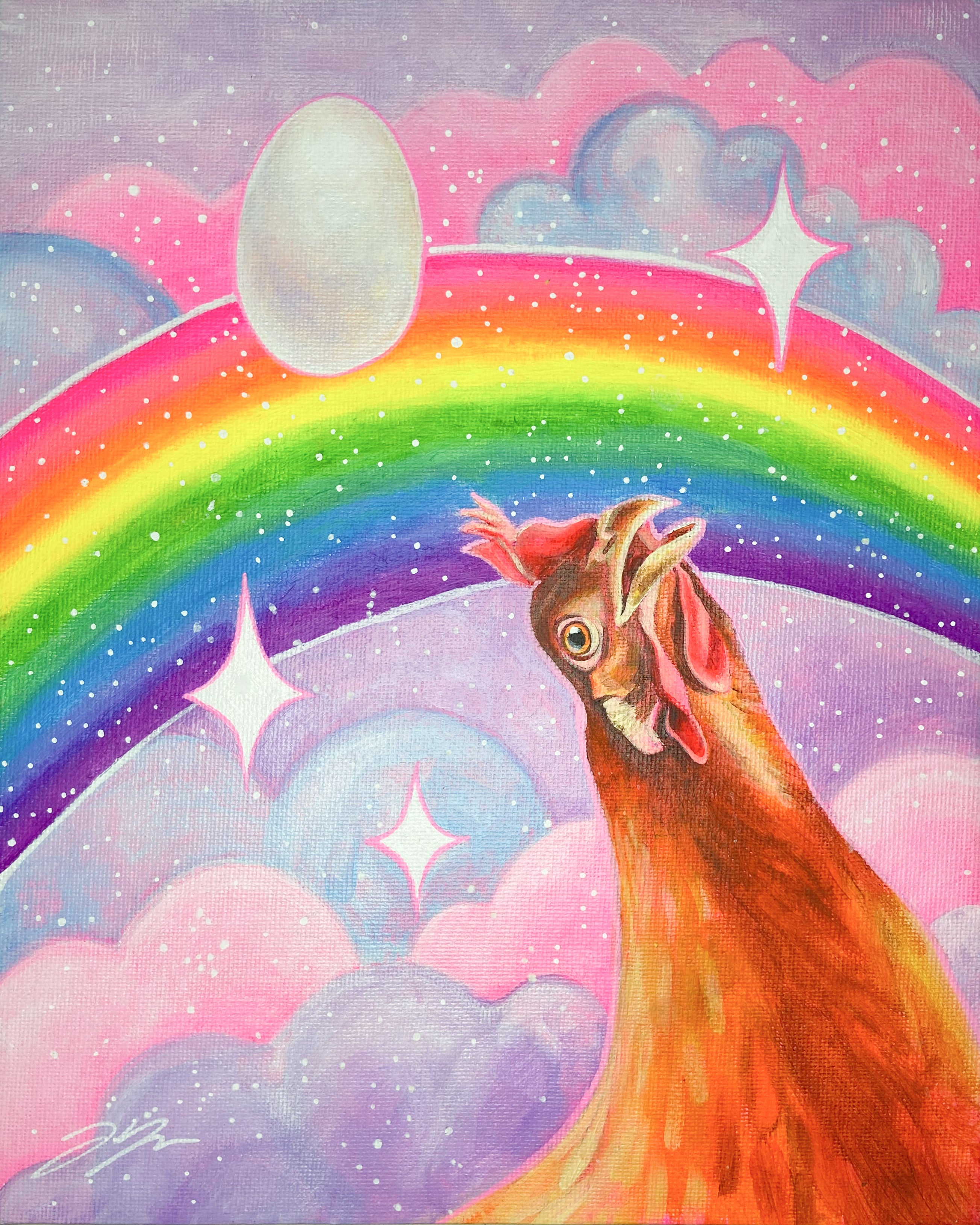"Nostalgia Hen" painting by artist Jackie Hansonshowing an orange chicken looking in awe at a vibrant, glittery rainbow in a pink and purple sky.