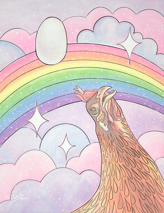 A filled coloring page of a chicken in a pink and purple sky with a rainbow. The colored version uses a low-opacity image of my painting, on which the coloring page design is based.