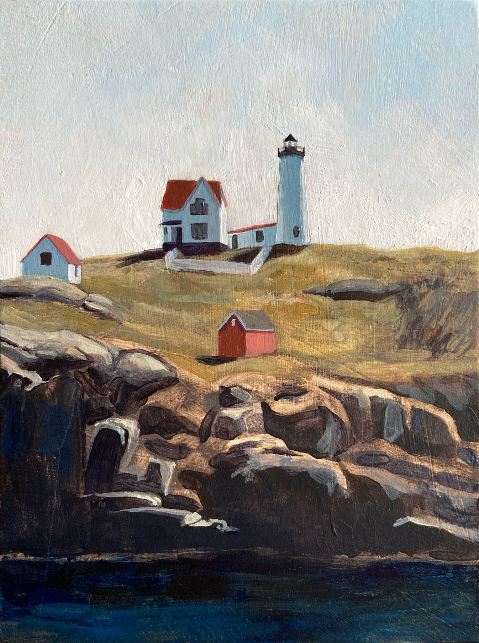 A vertically-oriented painting of a lighthouse (Nubble Light in York, Maine) on an island, surrounded by rock cliffs and the ocean below.