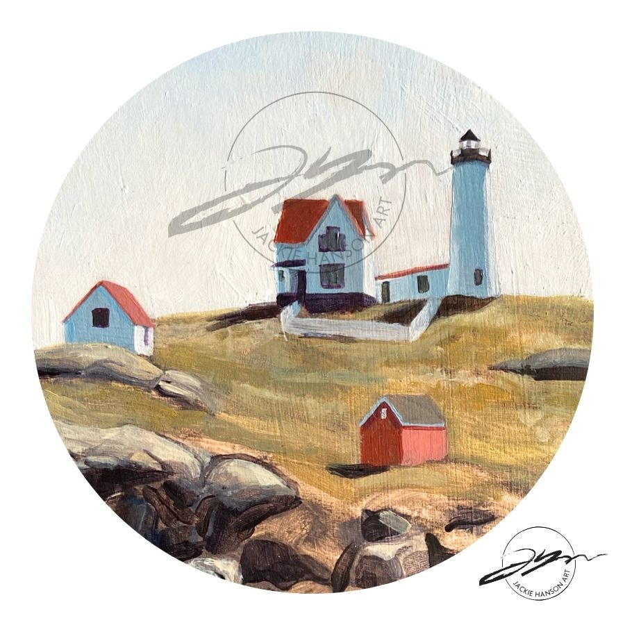 A round-cropped image of my painting, Nubble Light, with a watermark. Nubble Lighthouse is located in York, Maine.