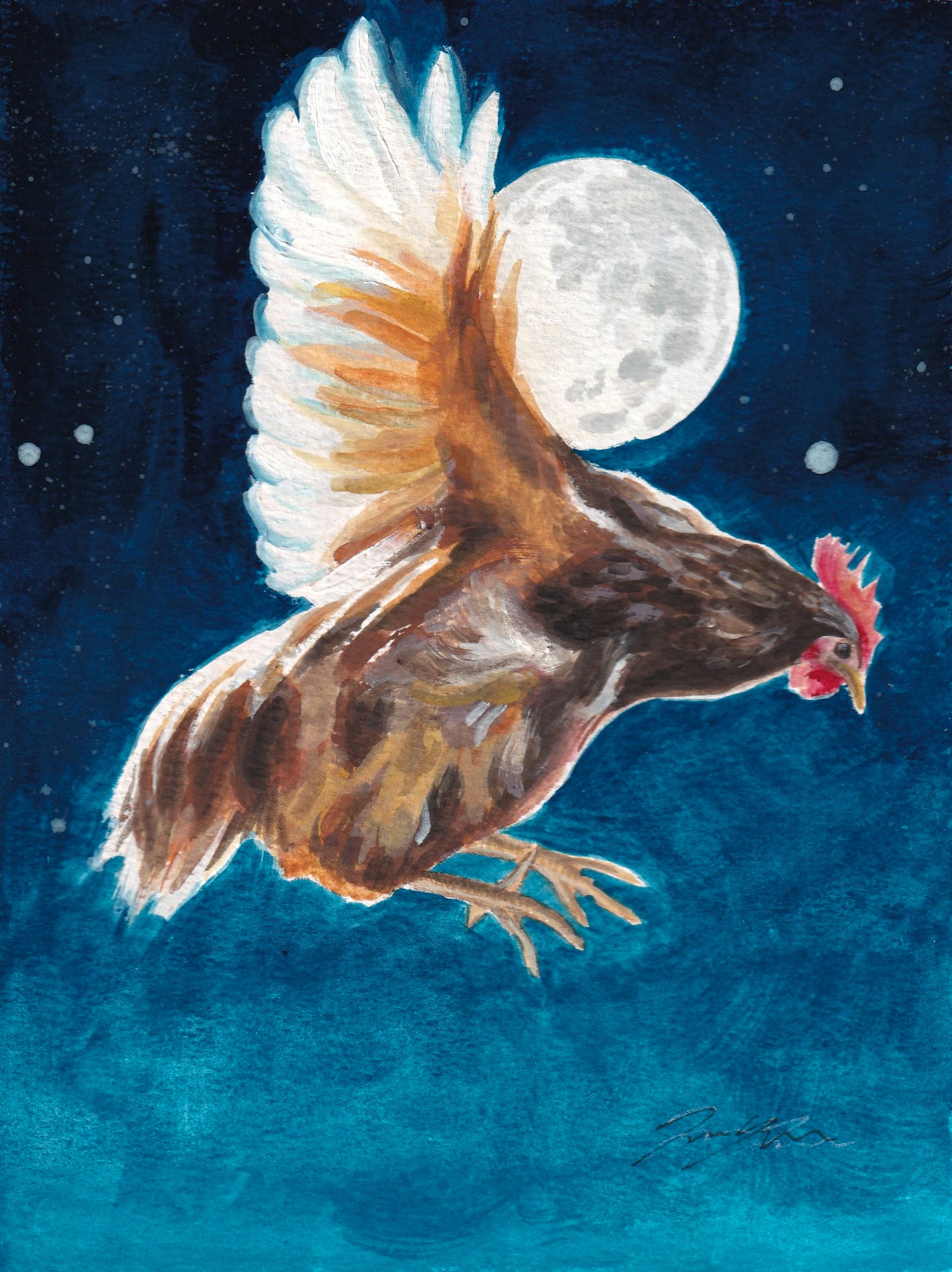 A painting of an orange chicken jumping with an outstretched wing in the night sky, just barely eclipsing the full moon.