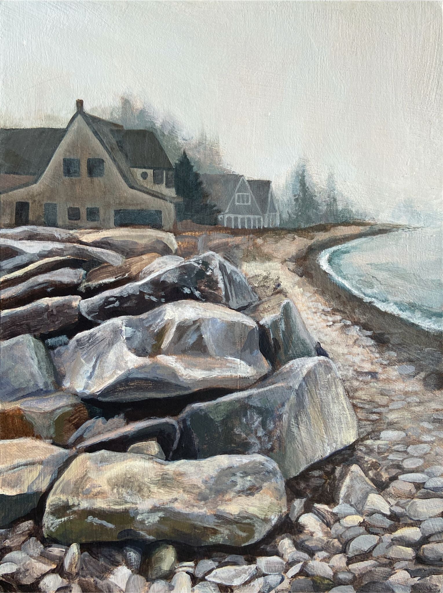 A vertically-oriented painting of a foggy, rocky beach scene. At left there are a row of houses, fading into the fog with distance, and a gray body of water at right. In the left foreground are a pile of large, textural rocks.
