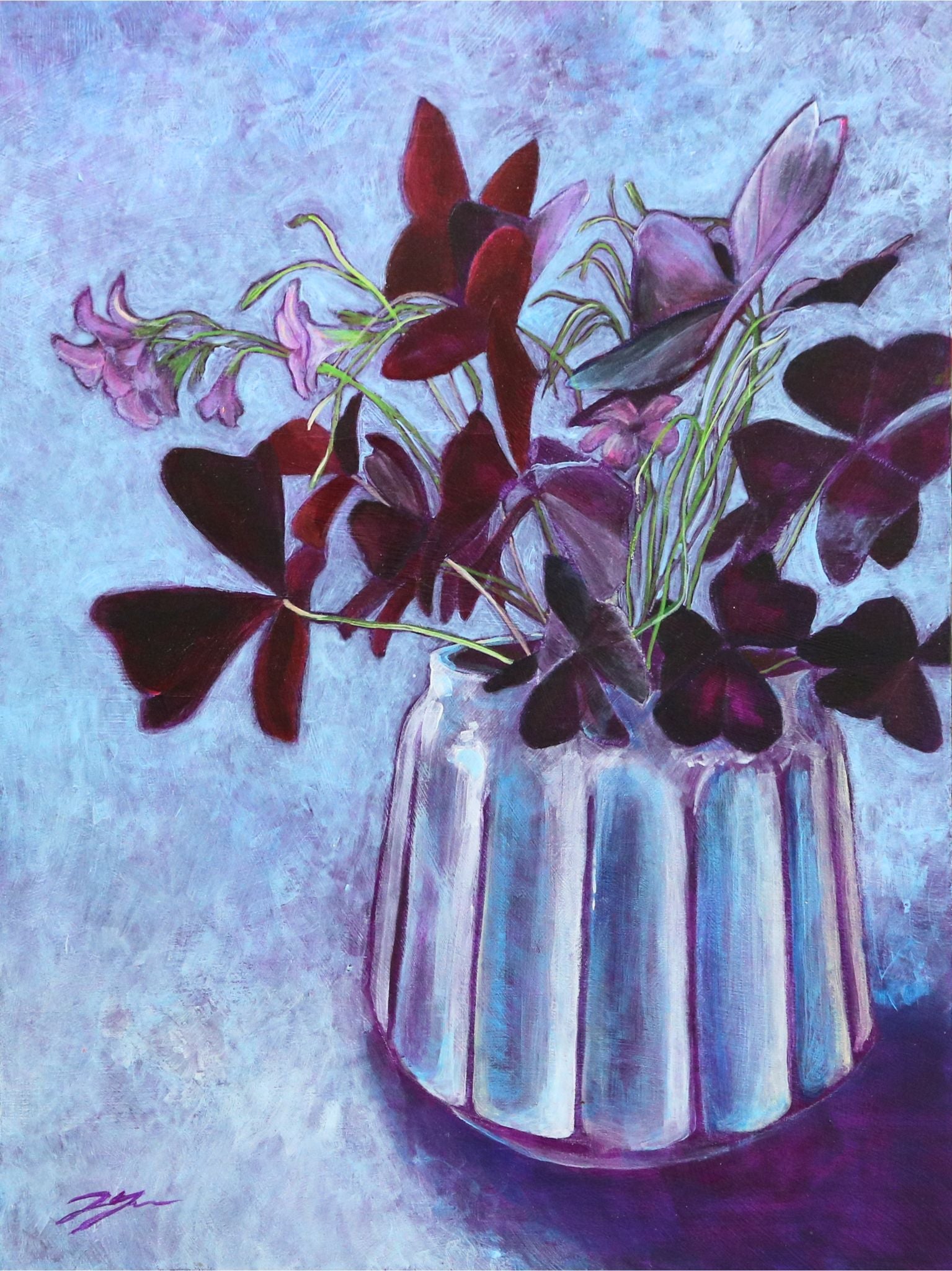 Acrylic painting "Oxalis" by artist Jackie Hanson. A purple False Shamrock plant in a white, striped planter faces a light source to the left. There are small purple flowers in bloom. The background is light blue and painterly.