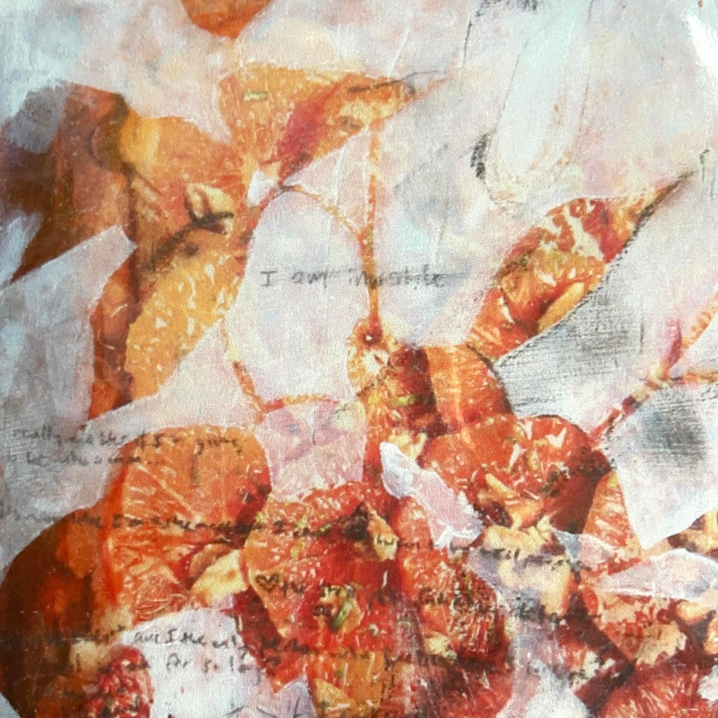 A close-up of the upper portion of the artwork. Over a stem of the orange plant is handwritten the words "I am invisible." Other pencil marks and writing is nearby but less legible.