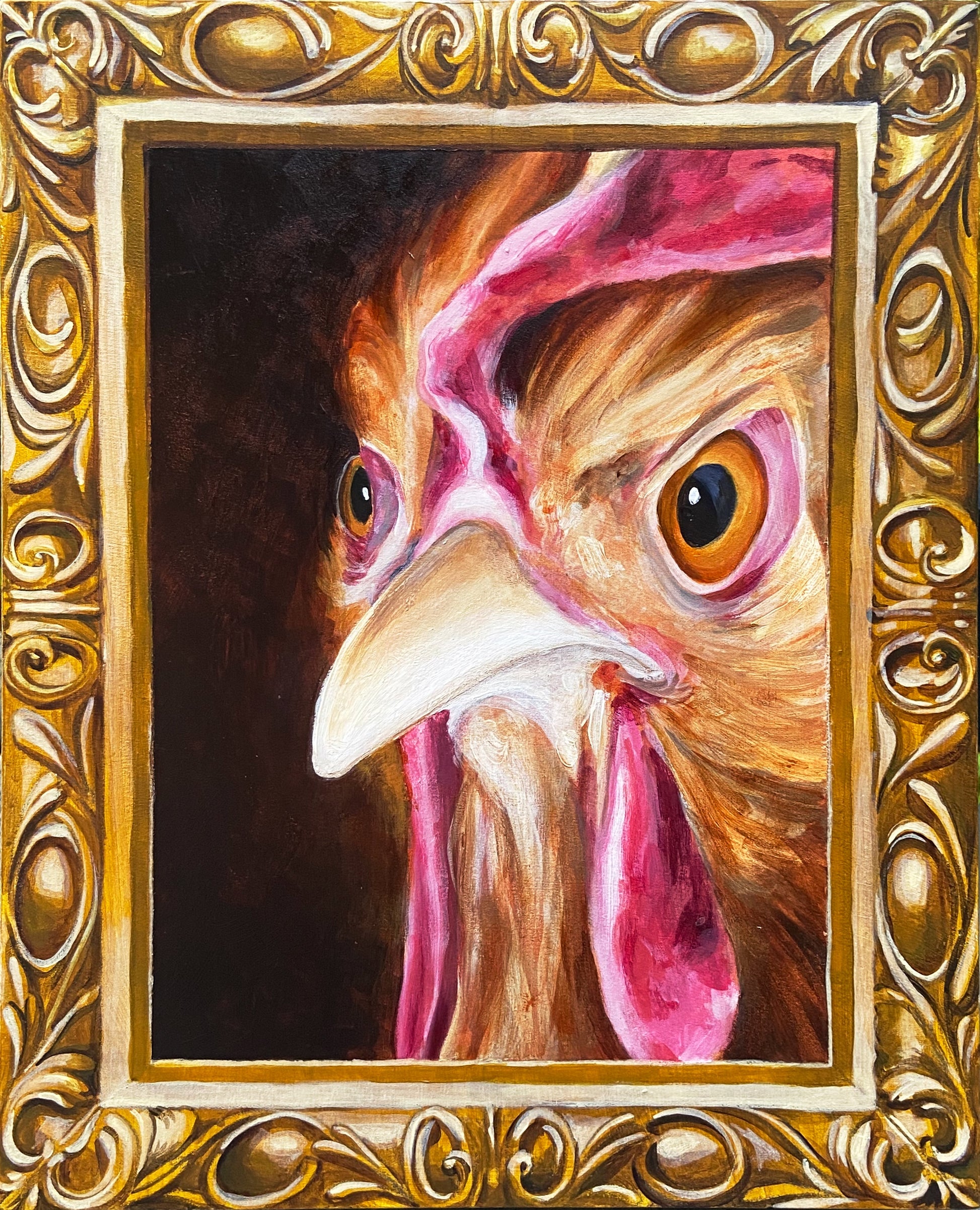 A painting of an angry chicken face inside an ornate gold frame.