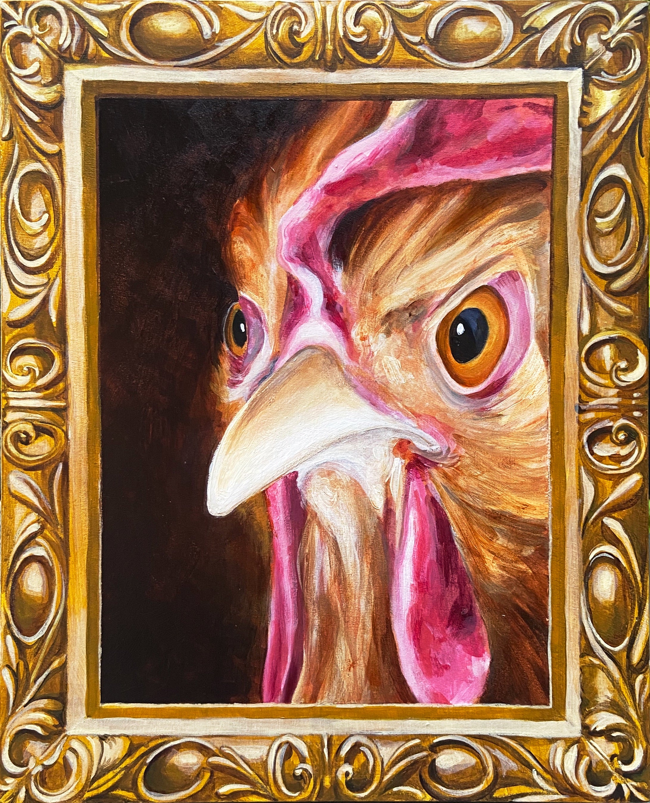 A painting of an angry chicken face inside an ornate gold frame.
