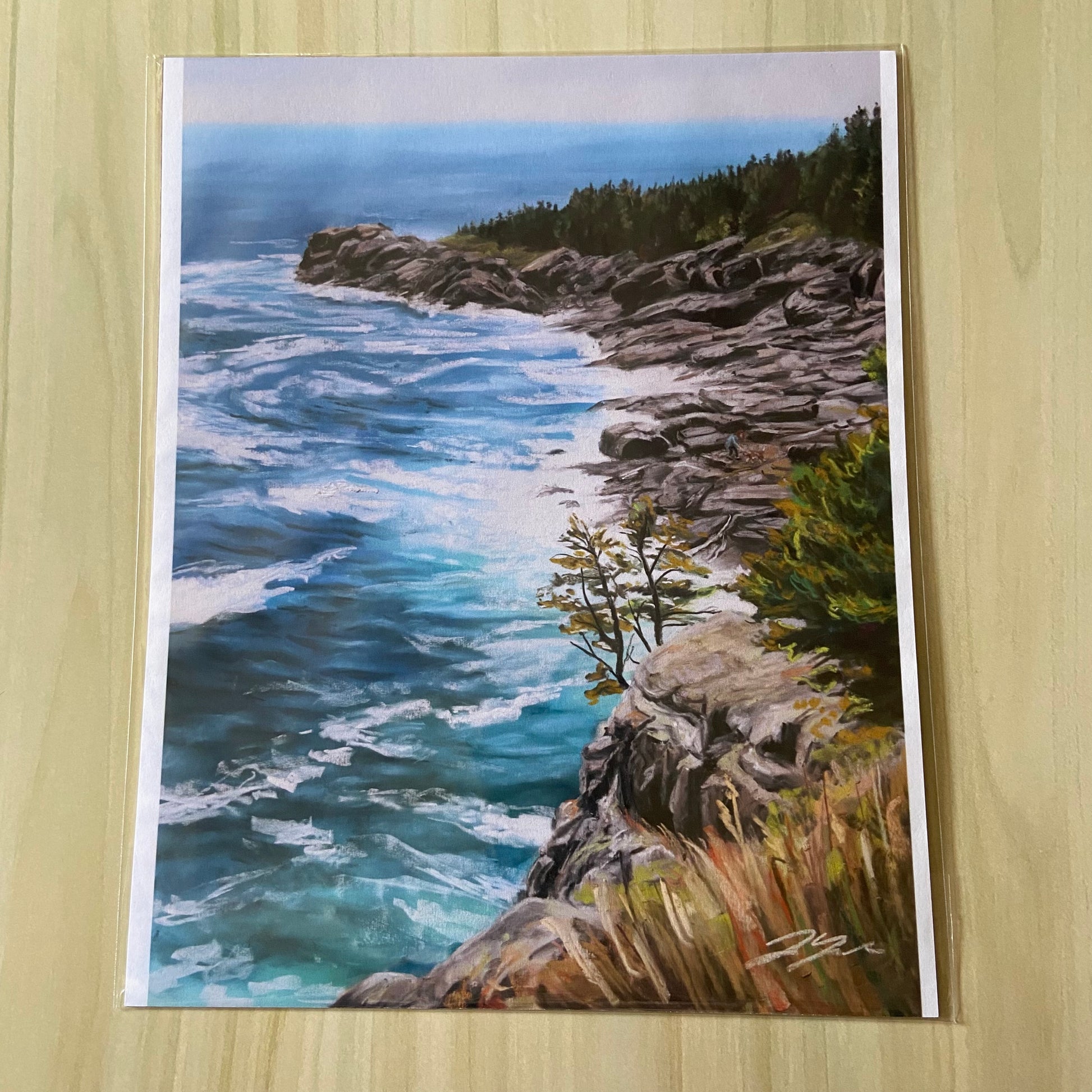 A print of rocky cliffs and shore along a white-capped blue ocean. The horizon is visible and the sky is overcast. In the foreground are 2 pine trees sticking out from the cliff, silhouetted against the sea. The land is forested with green pines.
