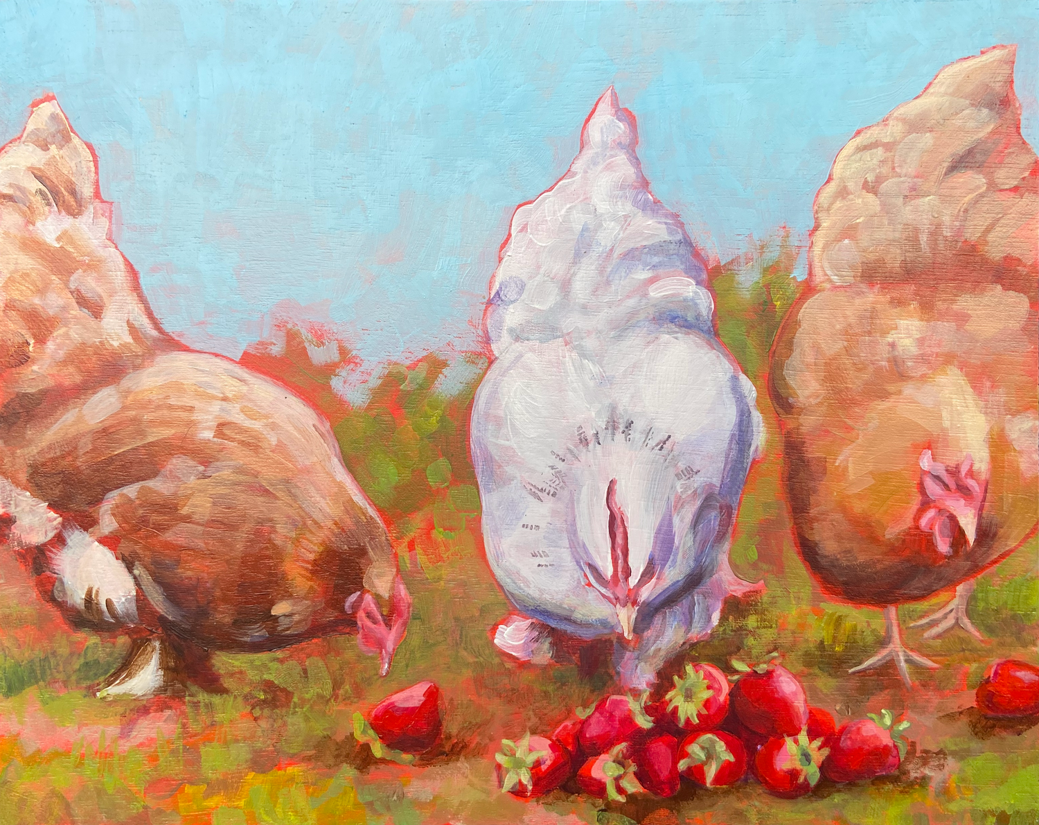 A painterly piece of artwork titled Strawberry Hens. Shown are three hens, two red flanking one white, all examining a pile of ripe strawberries. The painting has a warm, pinkish feel.