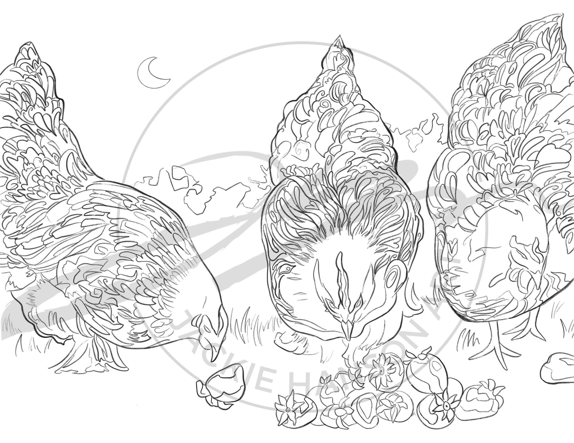 A coloring page of three chickens examining a pile of strawberries underneath a crescent moon. The image is watermarked with the logo for Jackie Hanson Art.