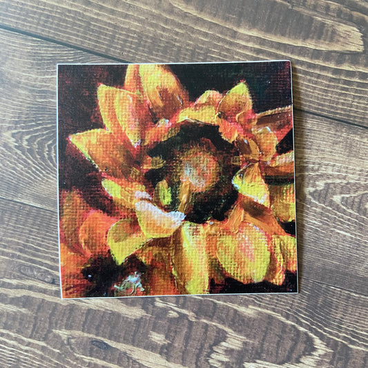 A square sticker of a painted sunflower with a dark red background. The texture of the paint and canvas are very clear.