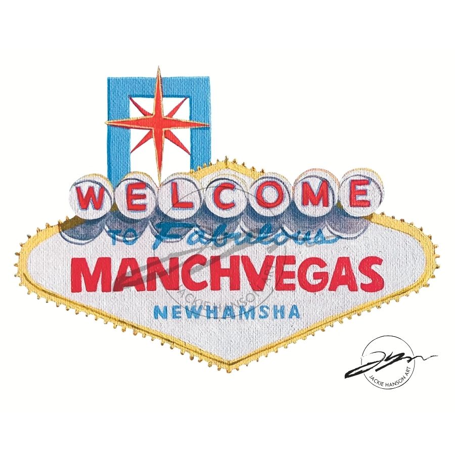 A watermarked image of a sticker design, depicting the iconic Las Vegas sign repainted to read, "Welcome to fabulous ManchVegas New Hamsha."