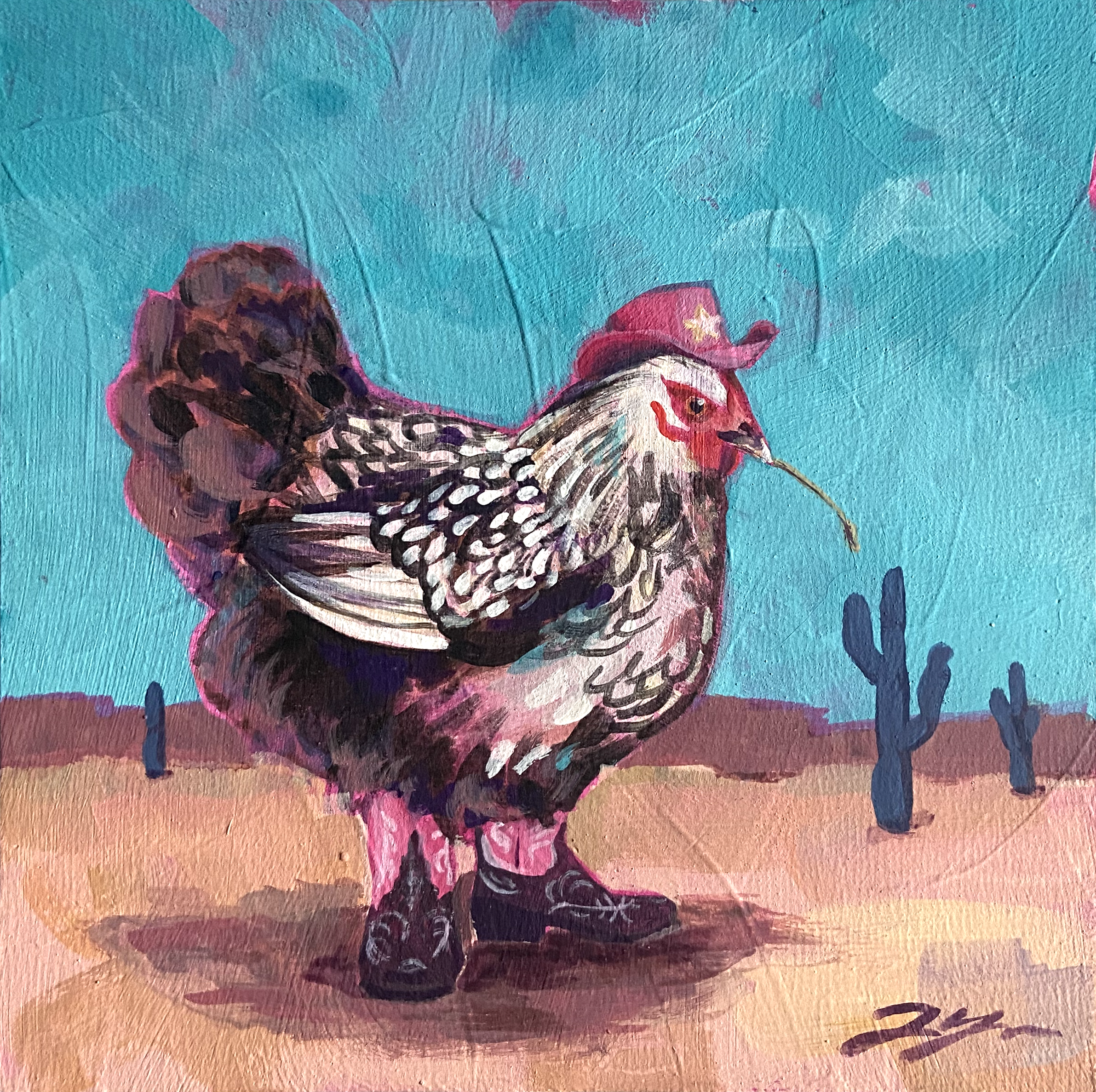 A painting with visible impasto texture of a black and white chicken wearing a pink cowgirl hat and boots. She stands in the desert under a bright teal sky, and she has a subtle hot pink aura.