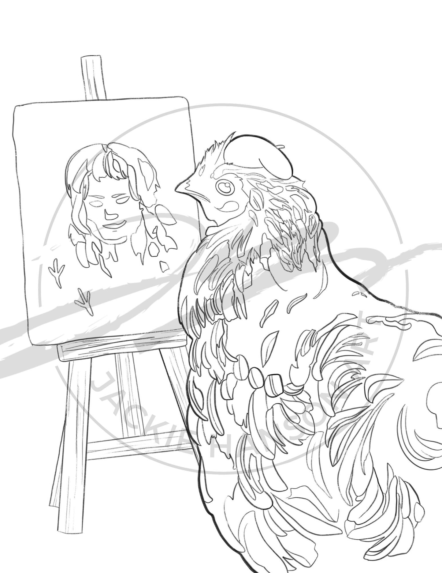 A coloring page showing a beret-clad chicken in front of a small easel with a painting of a human girl. The image is watermarked with the Jackie Hanson Art logo.