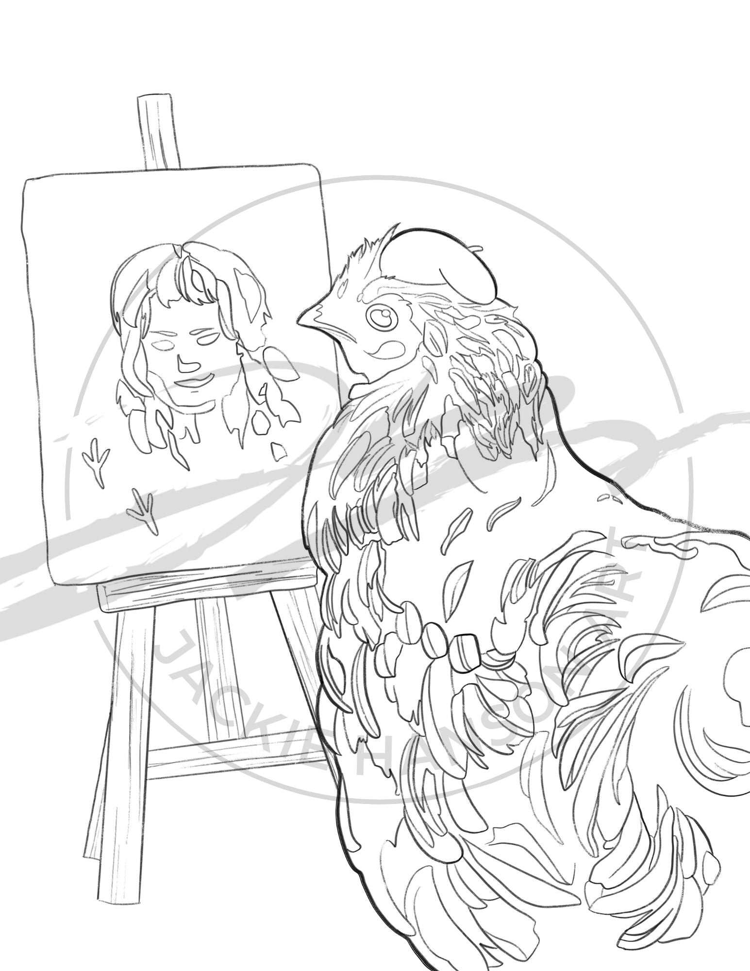 A coloring page showing a beret-clad chicken in front of a small easel with a painting of a human girl. The image is watermarked with the Jackie Hanson Art logo.