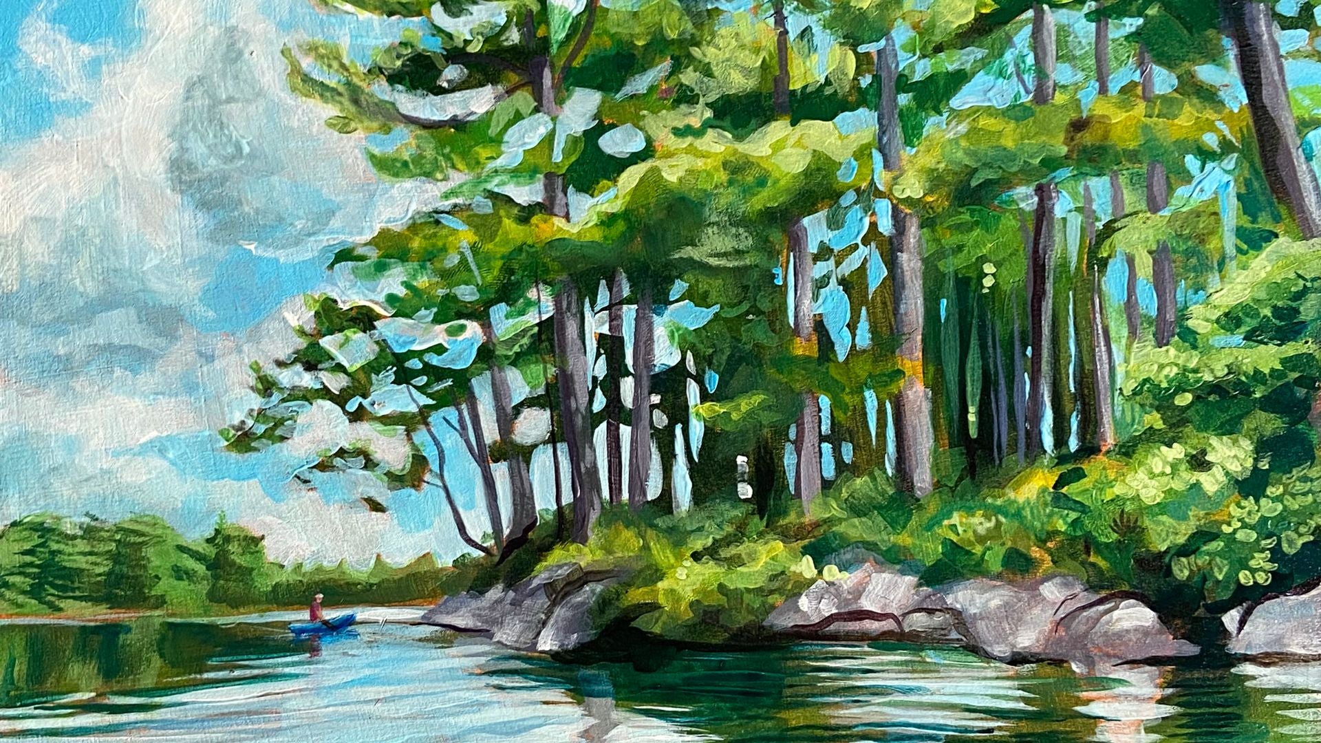 A cropped image of my painting Blue Kayak, focusing on the shoreline of the lake.