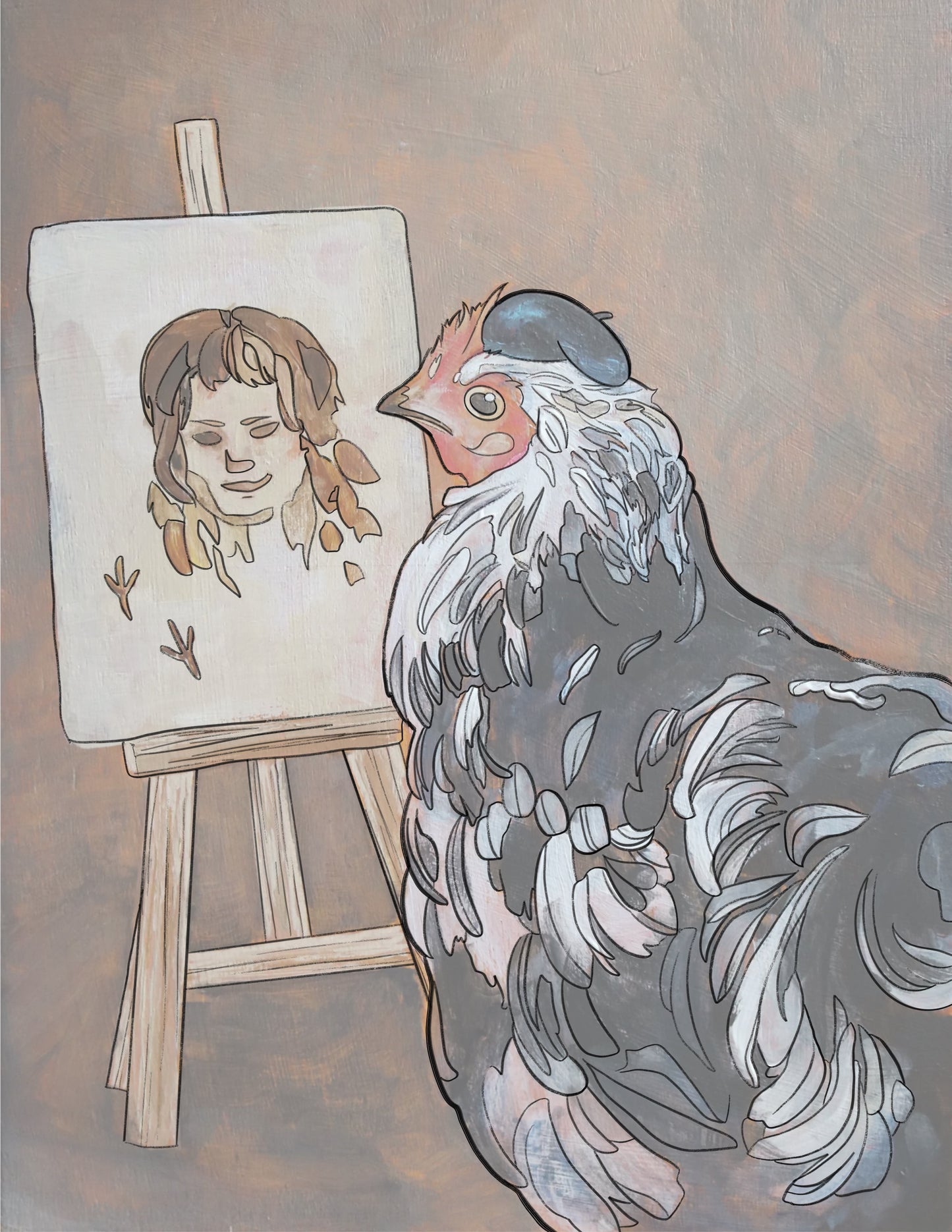 A coloring page of an artist chicken at her easel, shown in full color. The colored version was made using a low-opacity image of the painting upon which the coloring page design was based.