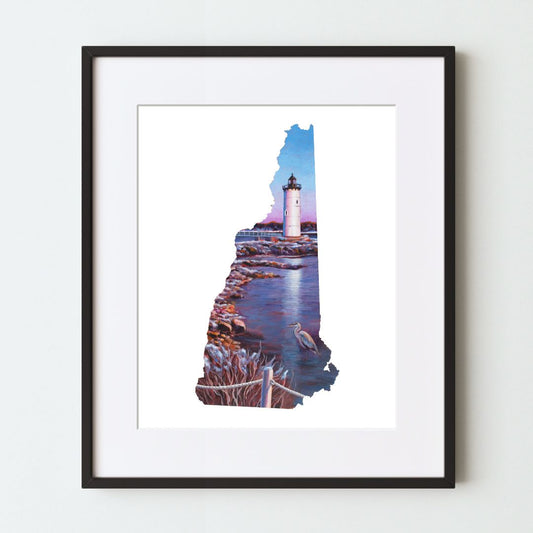 An art print of a New Hampshire-shaped painting, depicting a lighthouse by a rocky beach, digitally mocked up in a black frame with a white mat.