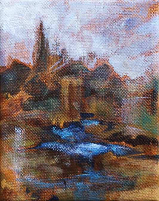 An acrylic painting with visible canvas texture, showing an imagined landscape. The sky is overcast gray-white with an orange underglow. The landscape has extreme, mountainous earthy forms in the distance and a vibrant pool near the foreground.