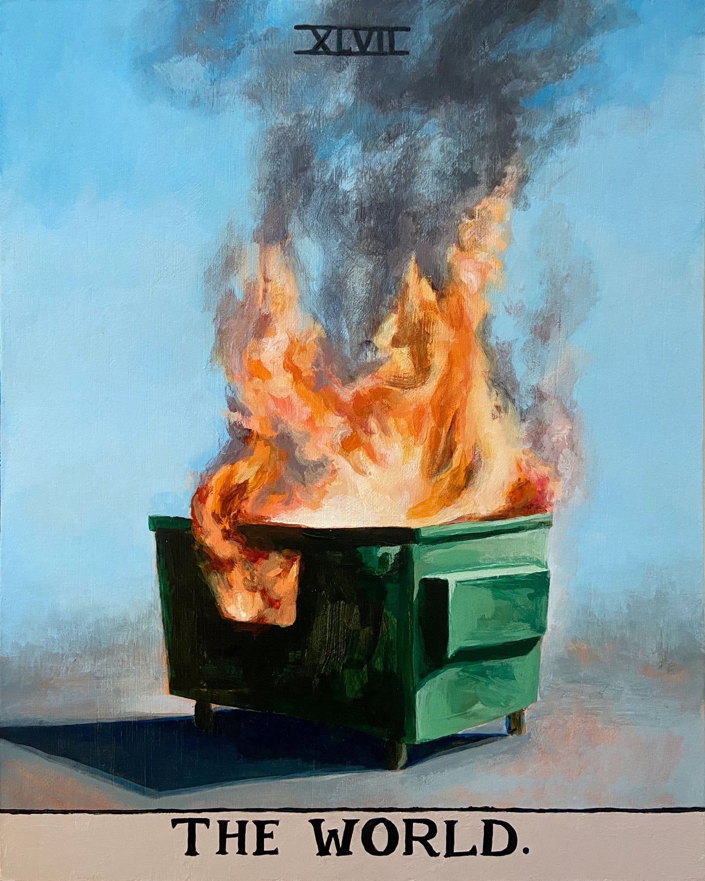 Flaming green dumpster with 'XLVII' and 'THE WORLD.' text on a blue background