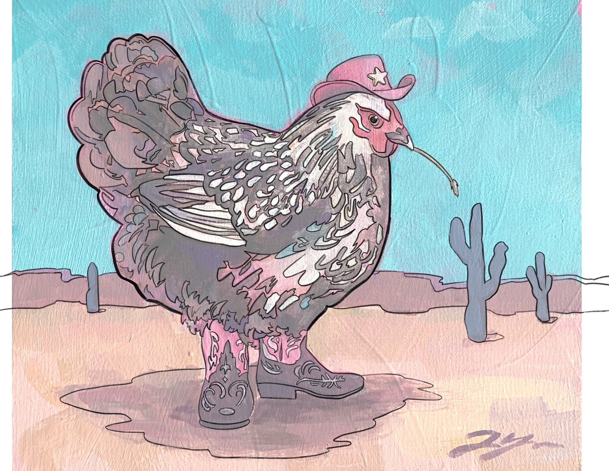 A filled-in coloring page of a chicken in the desert wearing a pink cowgirl hat and boots. The image was created using a low-opacity image of the painting upon which the coloring page design was based.