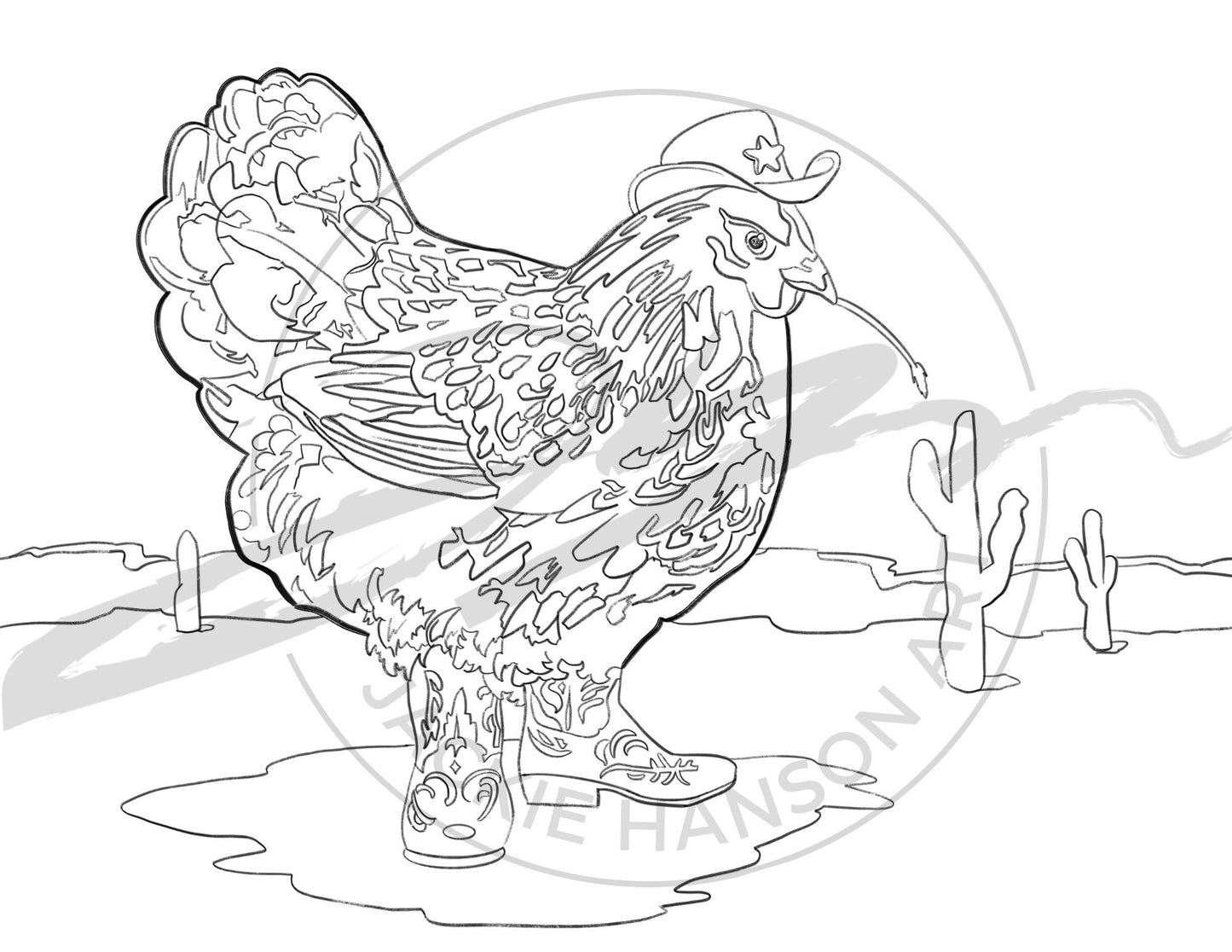 A coloring page of a chicken in the desert, wearing a cowboy hat and boots. The image is watermarked with the logo for Jackie Hanson Art.