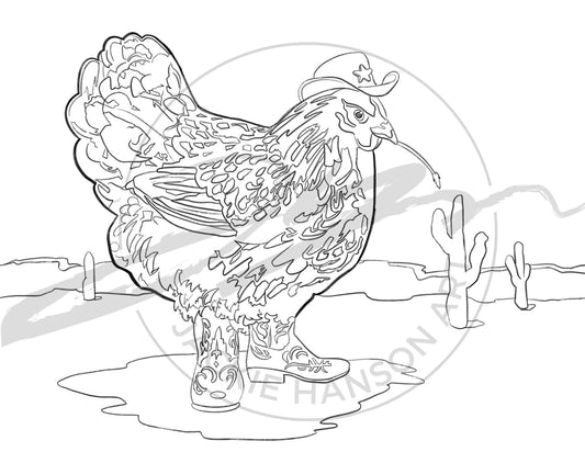 A coloring page of a chicken in the desert, wearing a cowboy hat and boots. The image is watermarked with the logo for Jackie Hanson Art.