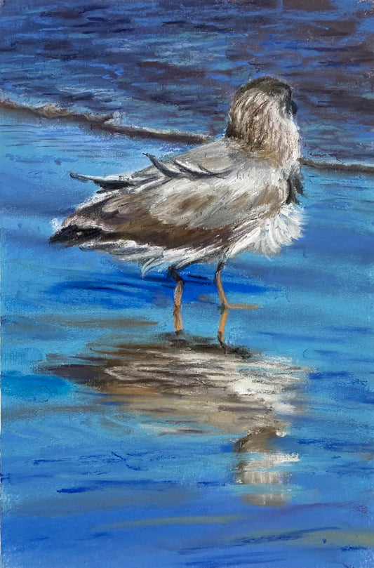 A blue painting made with soft pastels of a seagull on the shore, turned away toward the waves. The reflection of the bird and the sky are what make this an interesting piece of art.