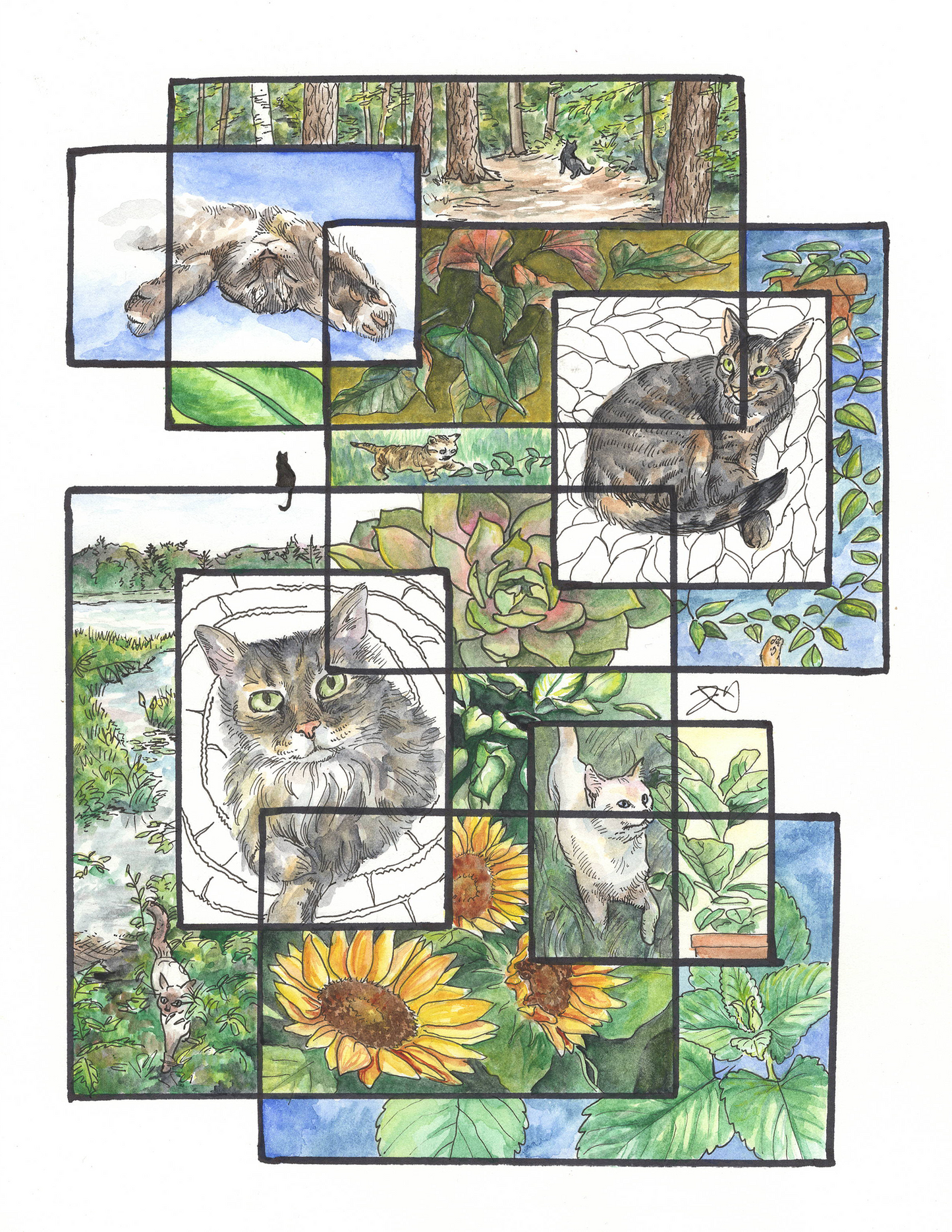 "Cats N' Plants" Original Watercolor Painting