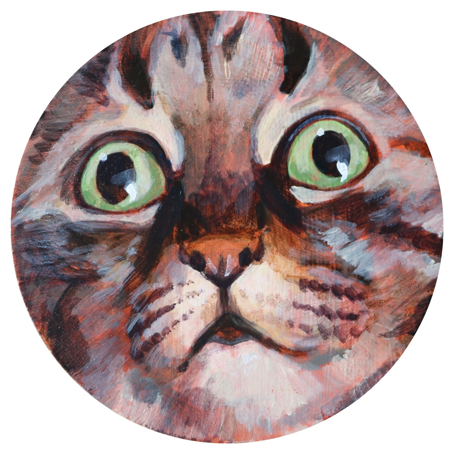 A round painting of a cat's face, cropped in closely so her fur fills the panel. Her eyes are wide and alert. Acrylic gouache on wood panel, painted by artist Jackie Hanson. 