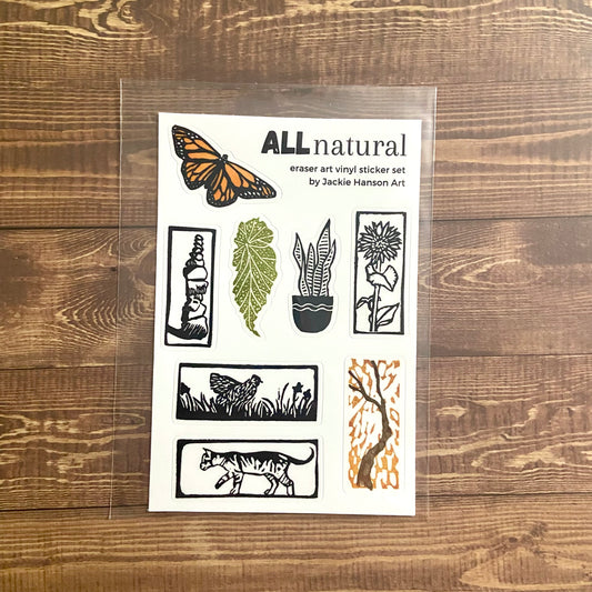 A 4x6 inch mainly white sticker sheet titled "ALLnatural". This set contains eight vinyl stickers of nature-related eraser print designs I created. It is wrapped in a protective plastic sleeve.