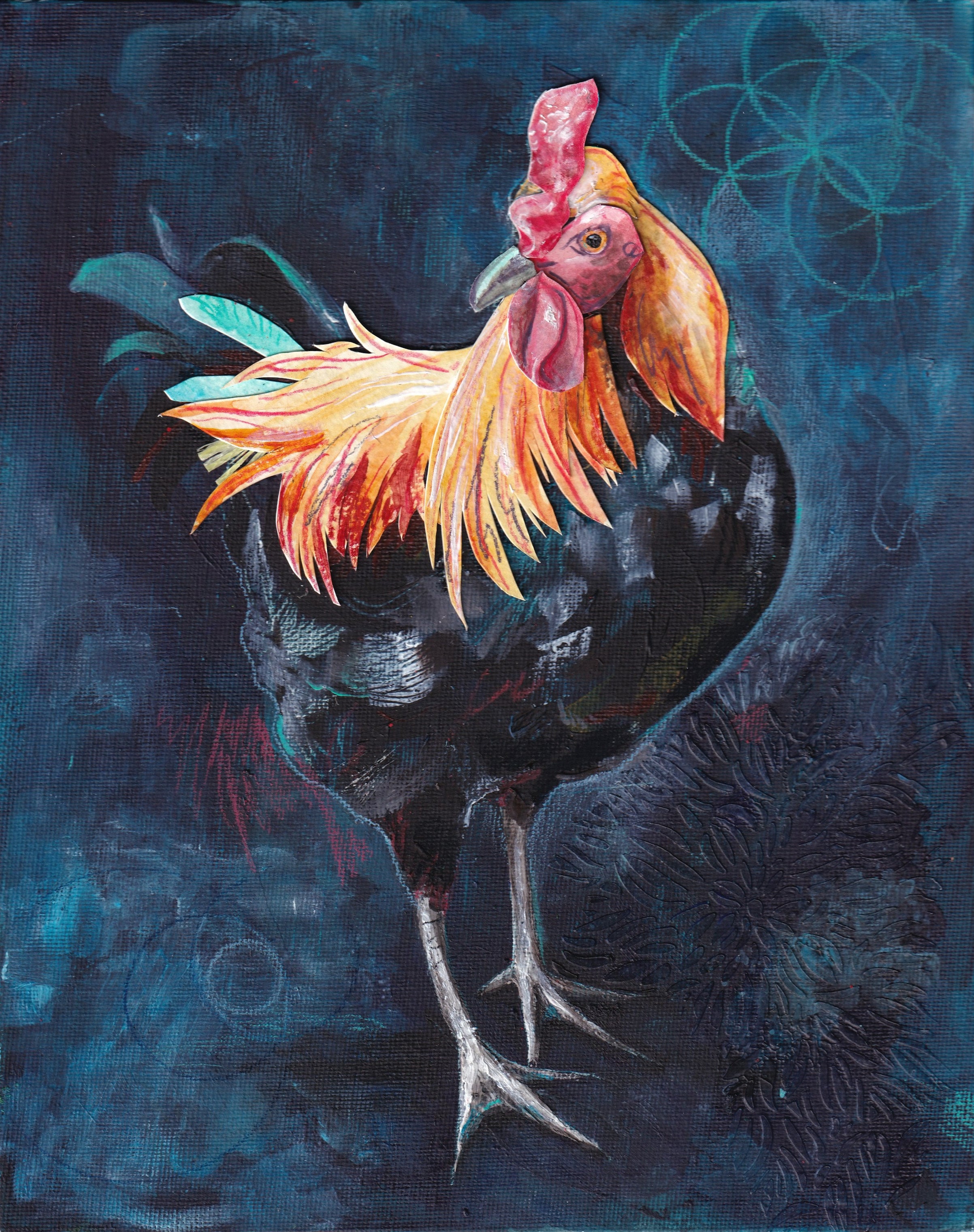 A mixed-media painting of a rooster over a dark blue background with various abstract marks. The rooster is eyeing the viewer, and the orange feathers on his head and back are made from collaged paper.