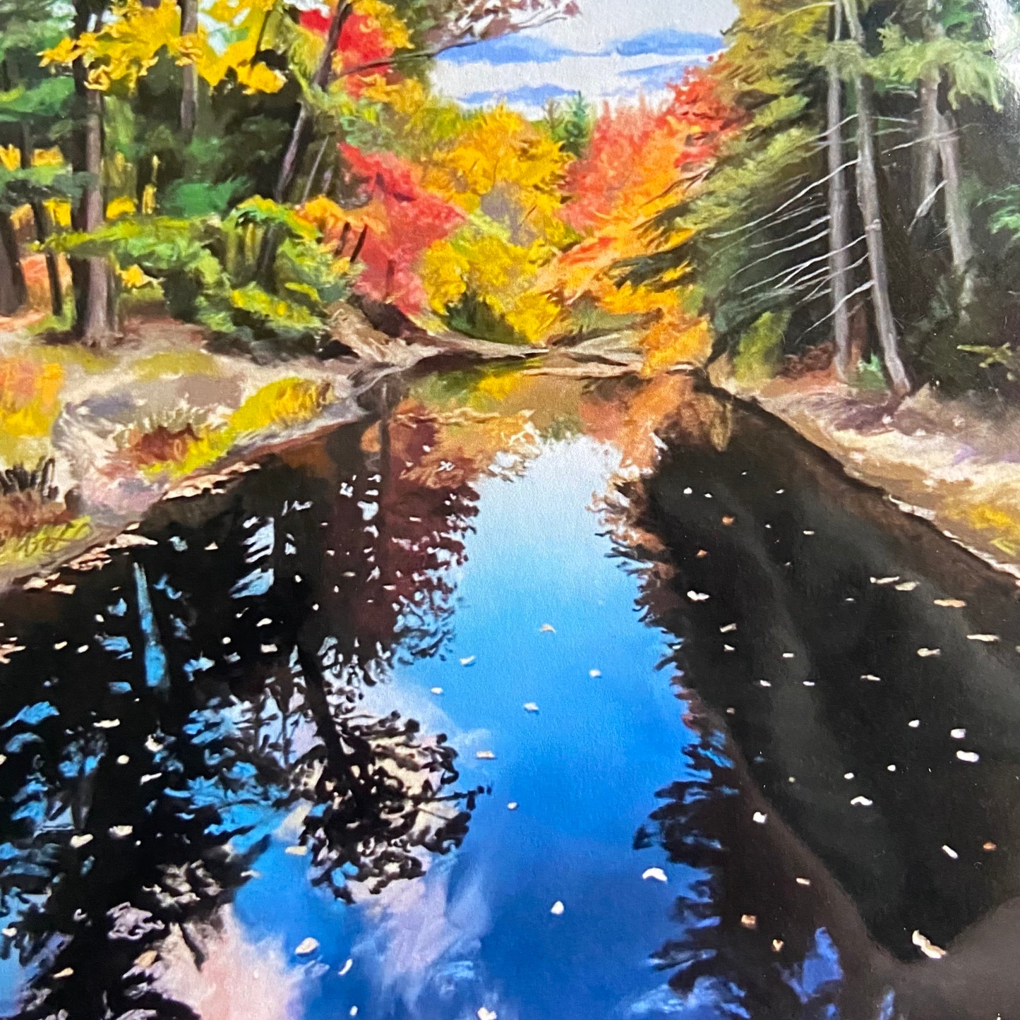 A close-up look at where the water meets the earth. The reflected woods are darker than the real trees, suggesting a deep river. The farthest trees have red and yellow autumn colors. The soft pastel texture marks can be seen in this detail shot. 