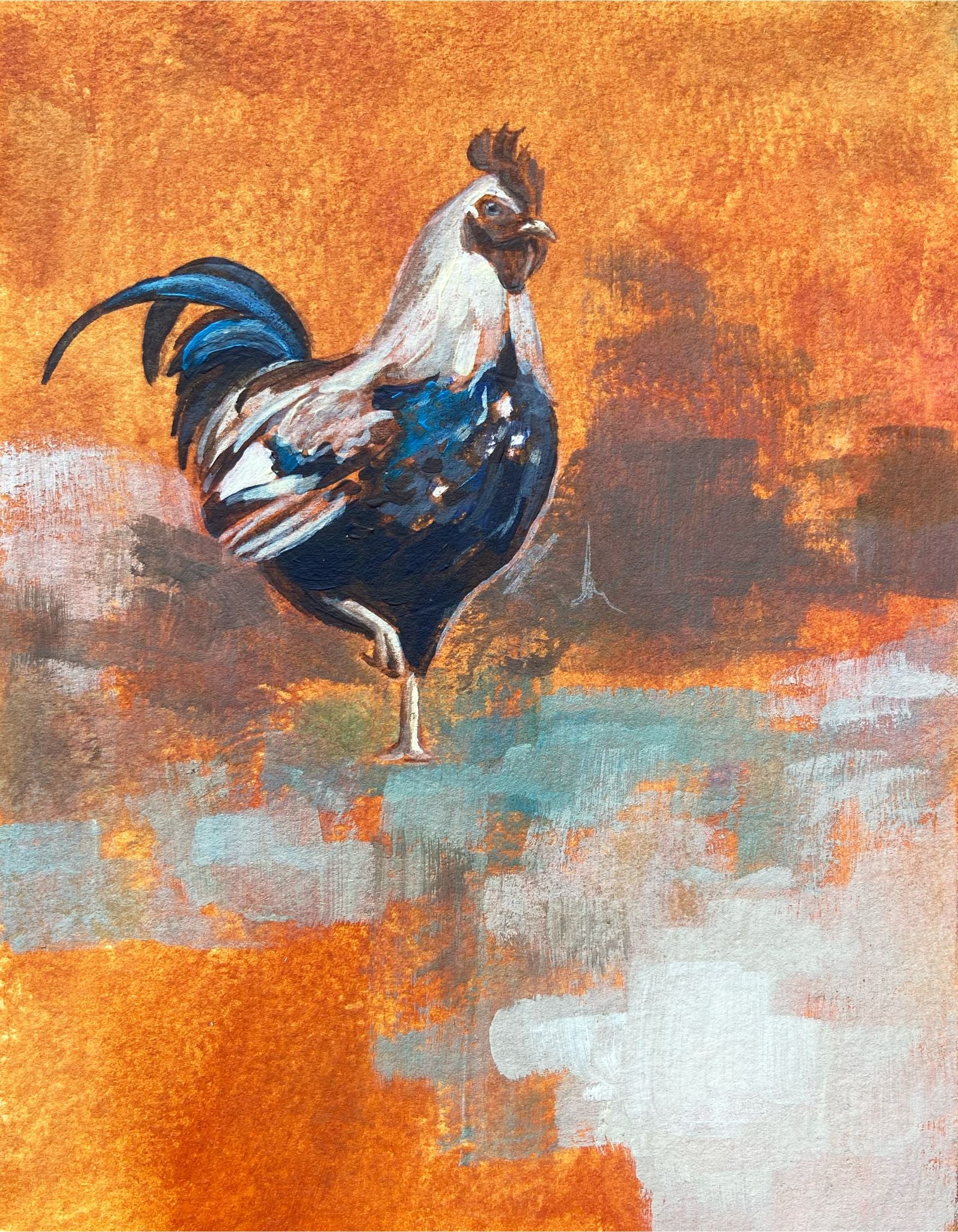 Chicken of the Month painting for August 2024. A black and white feathered rooster stands with one leg up among abstract neutral and orange paint. 